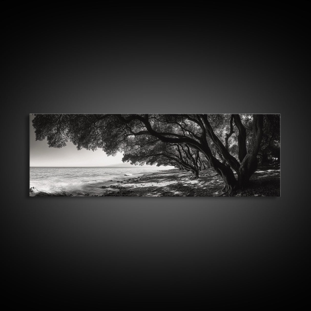 Ocean Trees, Shoreline Light, Majestic Forest, Beach Scene, Framed Canvas Print, Boho Wall Decor, Bedroom Art, Zen Coastal Artwork