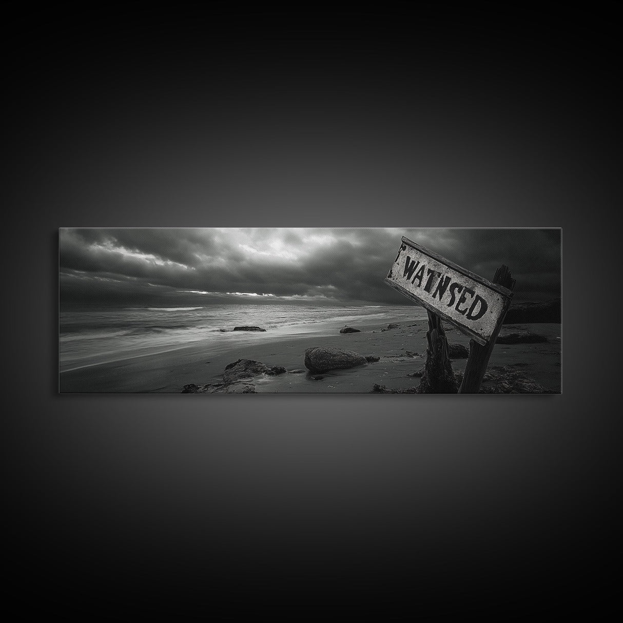 Stormy Beach, Weathered Sign, Moody Ocean, Black and White Photography, Framed Canvas Print, Coastal Gothic Wall Art, Autumn Decor