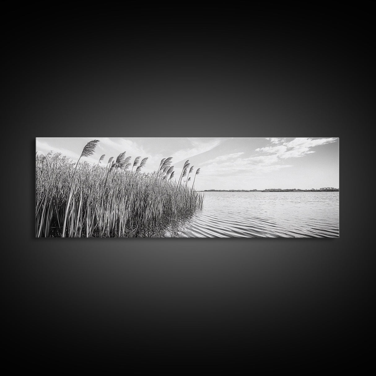 Windy Reeds, Lakeside Breeze, Natural Grass Art, Monochrome Landscape, Canvas Print, Boho Living Room Decor, Botanical Minimalist Wall Art