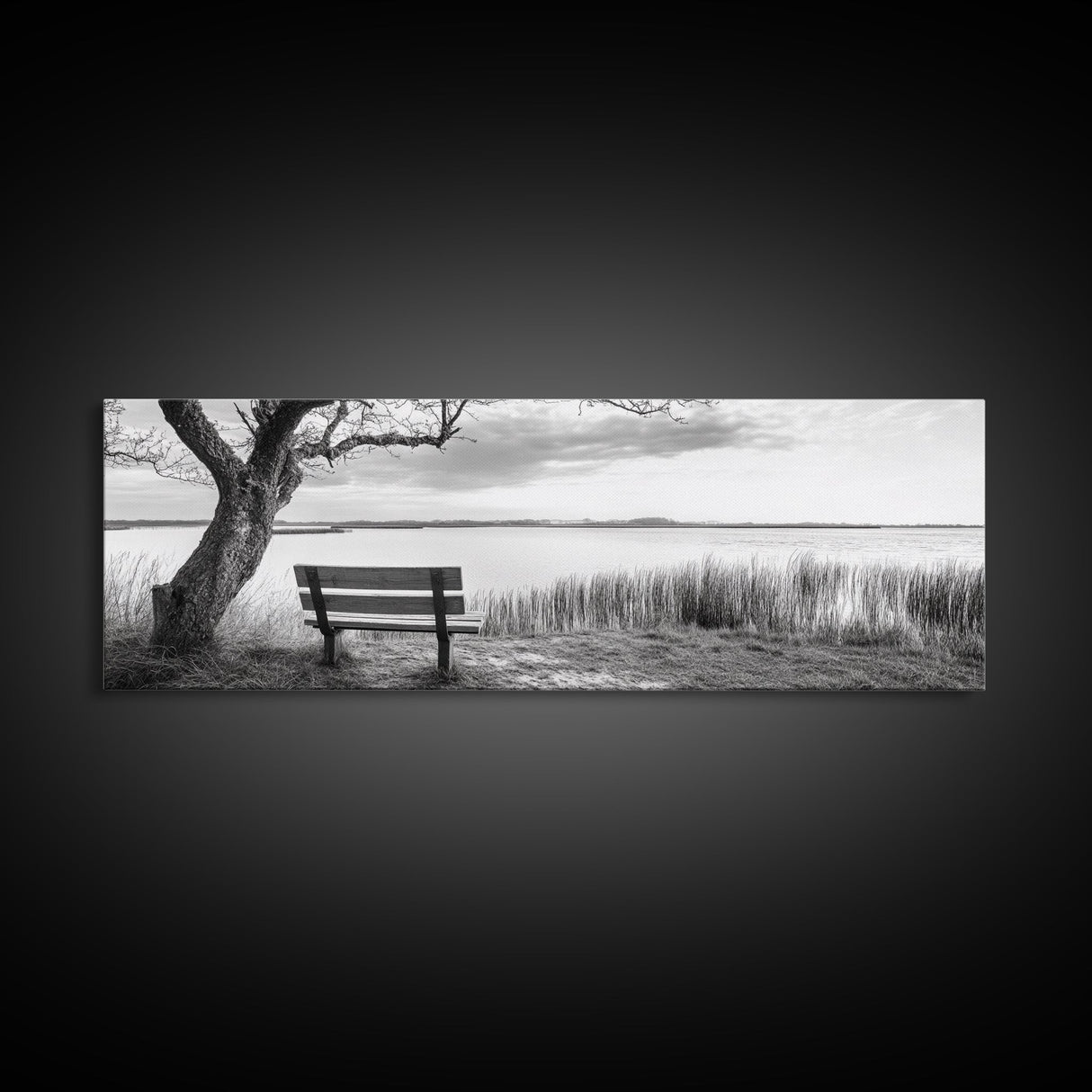 Quiet Lake Bench, Peaceful Reflection, Nature Photography, Framed Canvas Print, Serene Bedroom Decor, Minimalist Living Room Wall Art