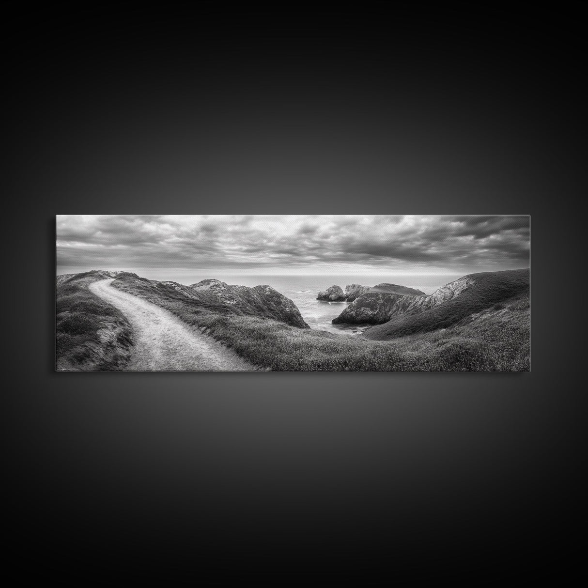 Cliff Path, Sea Escape, Moody Sky, Adventure Trail, Canvas Print, Modern Entryway Wall Art, Travel Photography, Nature Scene