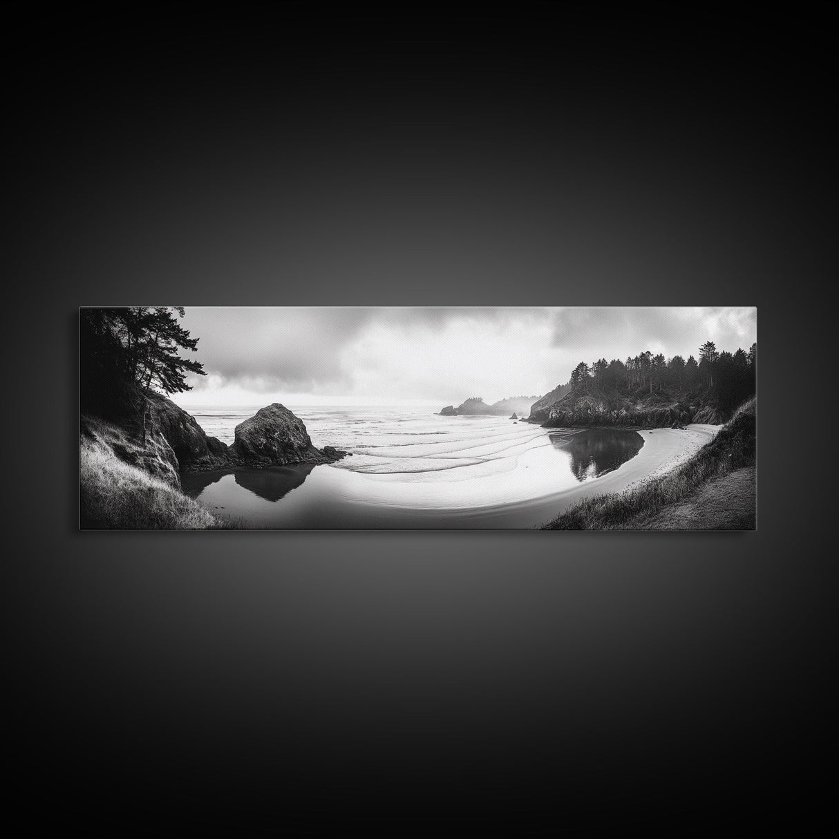 Forest Beach, Pacific Coast, Morning Mist, Tranquil Cove, Framed Canvas Print, Rustic Cabin Wall Art, Nature Landscape Photography