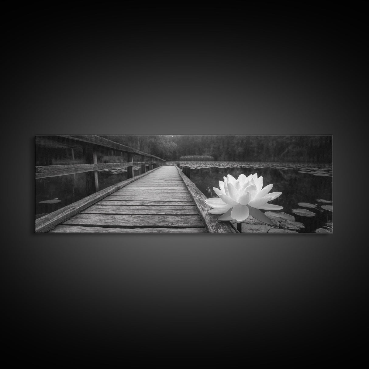 Water Lily, Peaceful Pond, Wooden Dock, Framed Canvas Print, Zen Wall Art, Meditation Room Decor, Black and White Nature Art