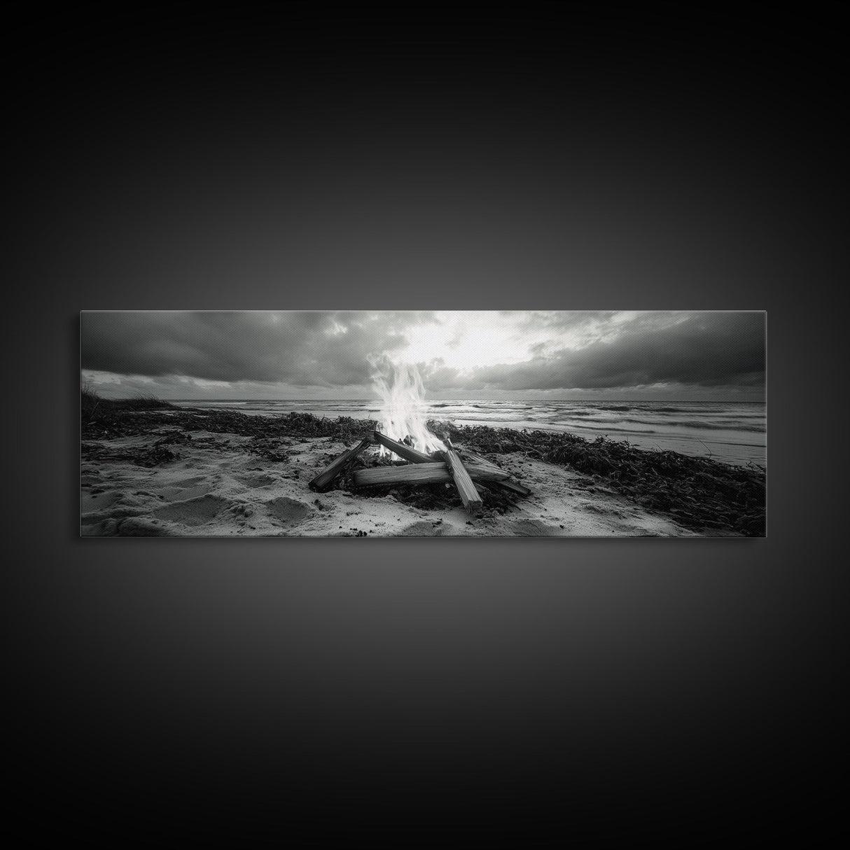 Driftwood Fire, Coastal Sky, Ocean Mood, Fall Campfire, Framed Canvas Print, rustic lake decor, bohemian fireplace art, nature wall accent