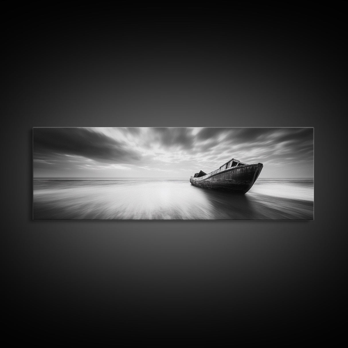 Abandoned Shipwreck, Ocean Ghost Boat, Moody Horizon, Dramatic Sky, Framed Canvas Print, Dark Nautical Art, Hallway Statement Piece