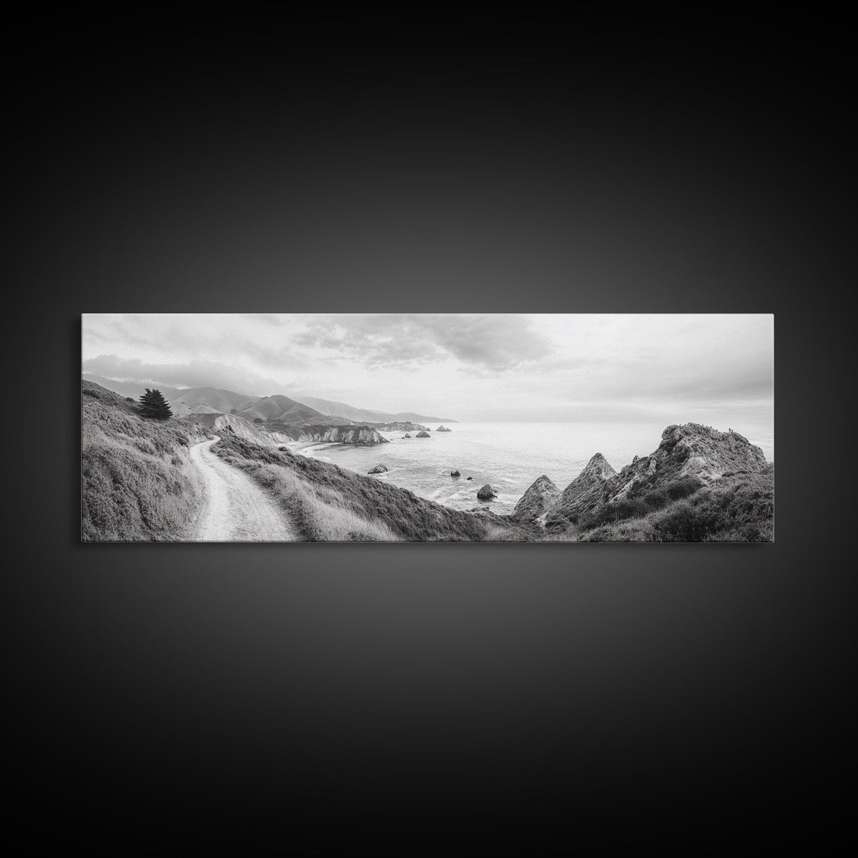 Coastal Trail View, Mountain Seascape, Minimalist Beach Path, Framed Canvas Print, Serene Landscape, Living Room Wall Art, Nature Decor