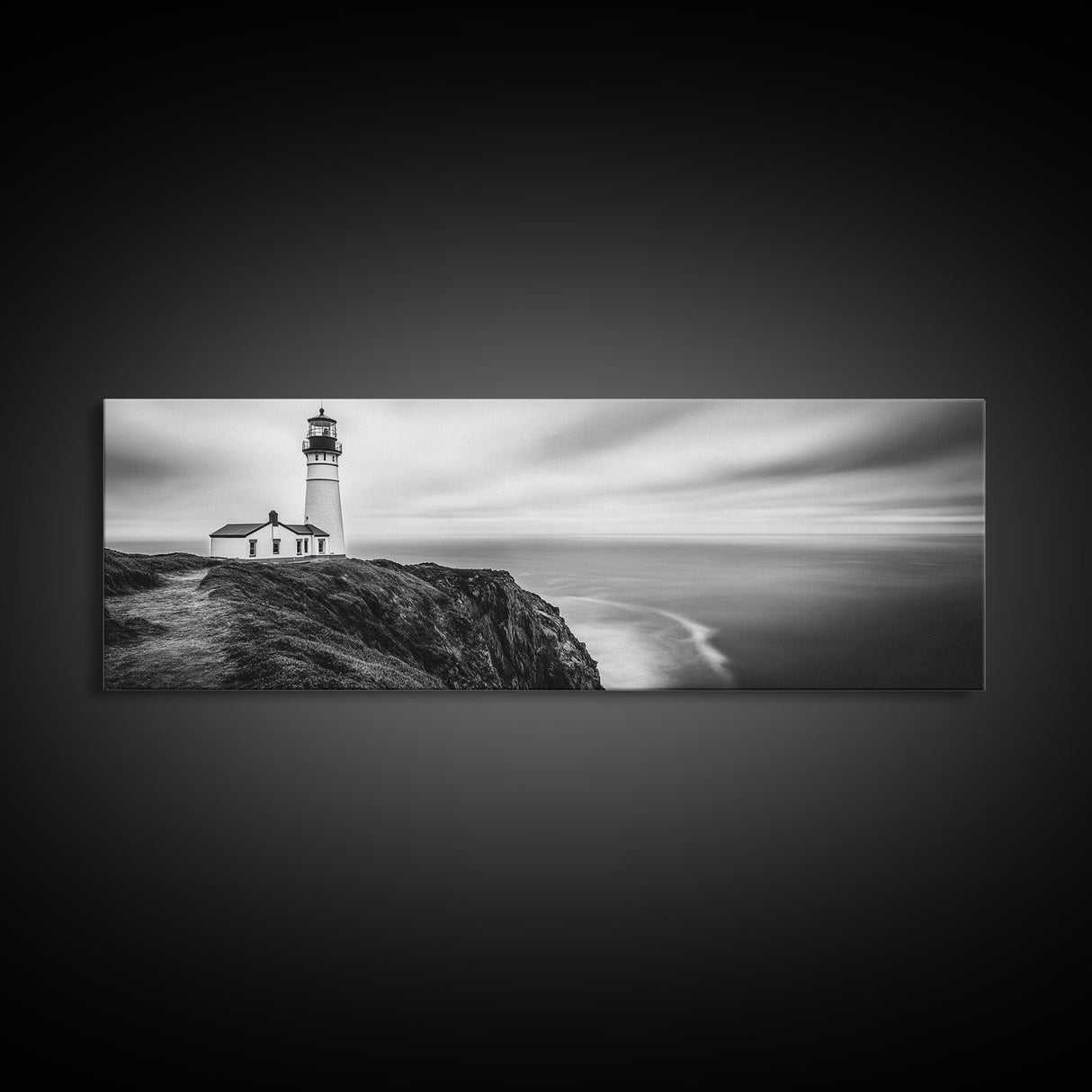 Lighthouse Serenity, Coastal Fog, Ocean Horizon, Canvas Print, Black and White Decor, Office Wall Art, Nautical Theme, Moody Photography