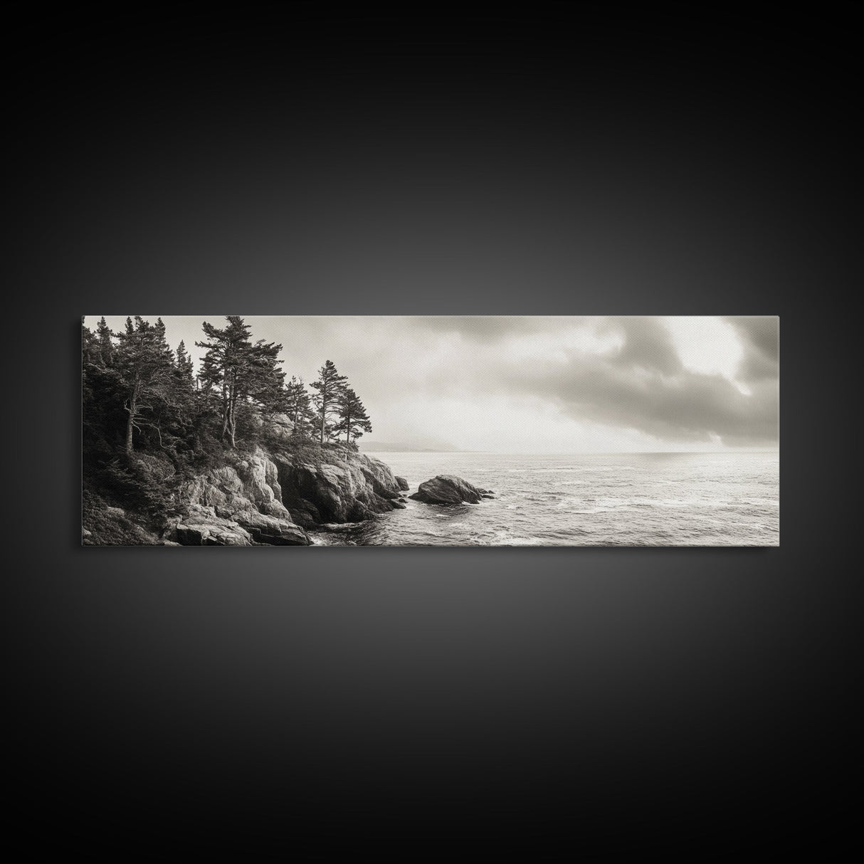 Windy Pines, Rocky Shoreline, Ocean Wilderness, Canvas Print, Vintage Nature Photography, Hallway Wall Art, Outdoor Adventure Vibe
