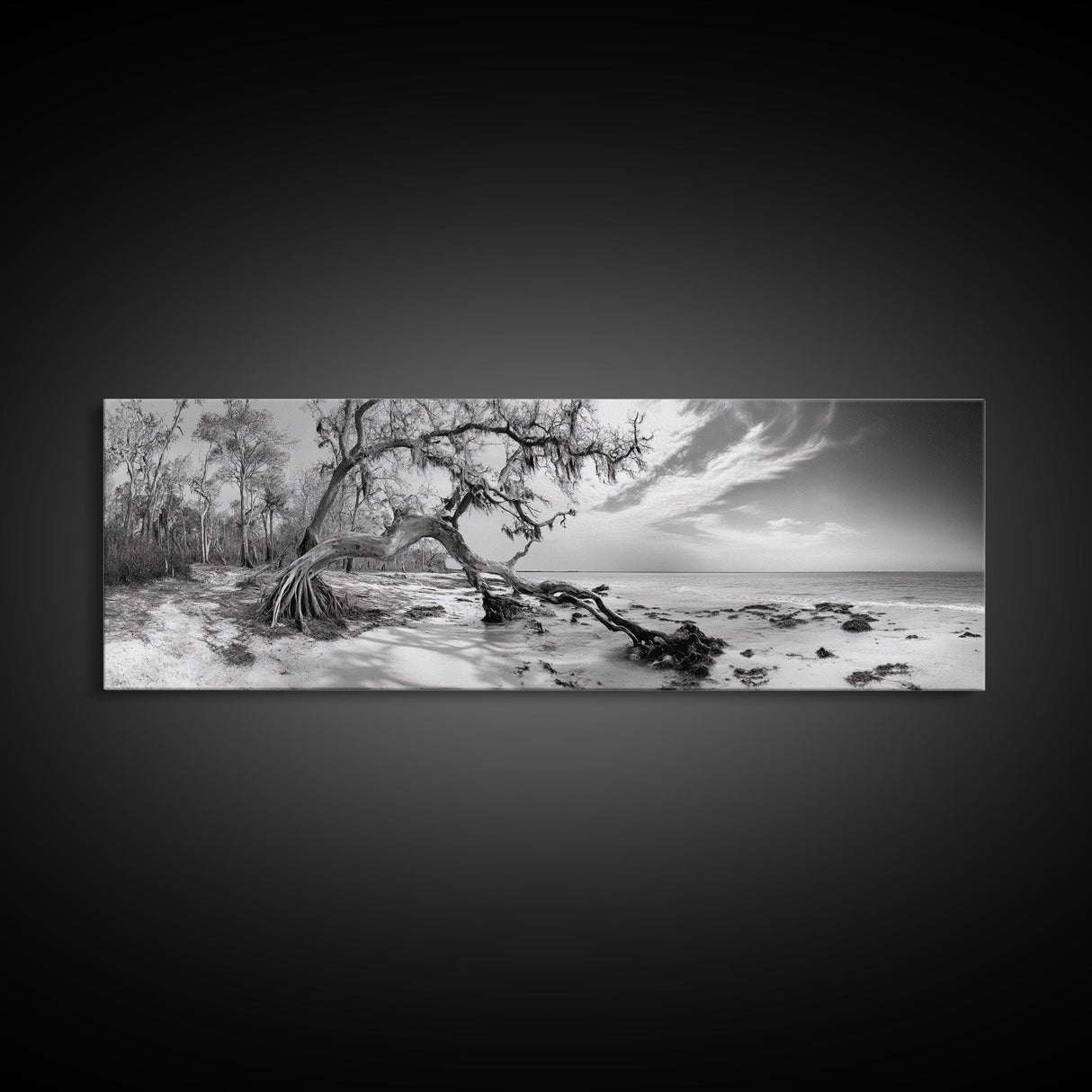 Bending Tree Beach, Windswept Coastal Scene, Dune Forest, Canvas Print, Monochrome Minimalist Art, Boho Bedroom Decor, Ocean Tones