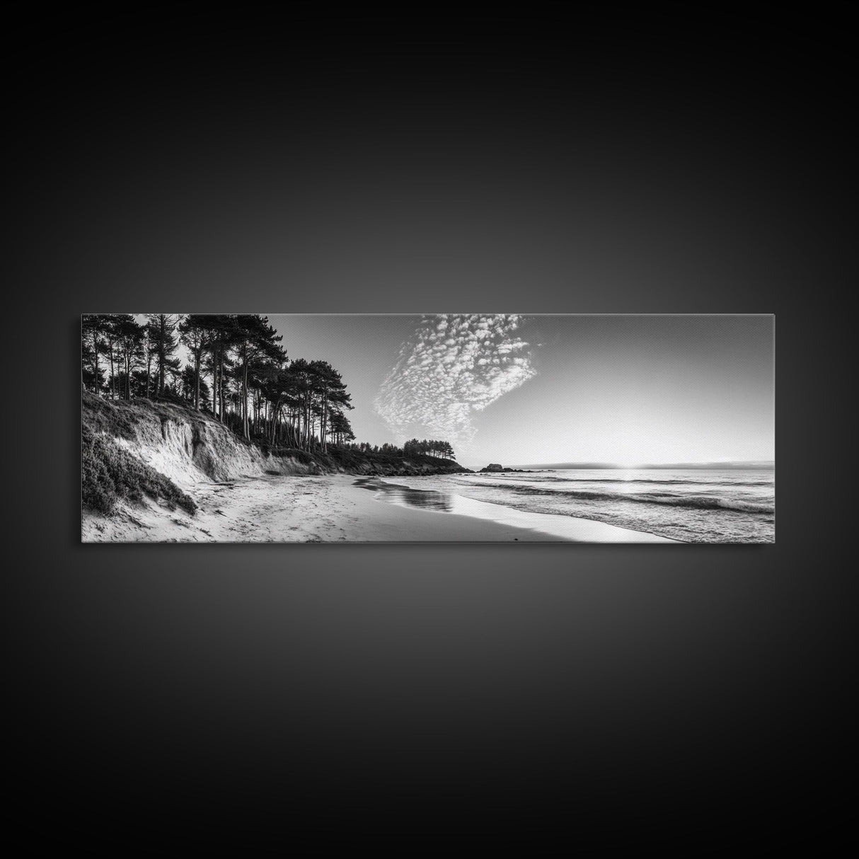 Forest Edge Beach, Coastal Sandscape, Sunset Sky, Canvas Print, Black and White Landscape, Coastal Living Room Art, Natural Vibes