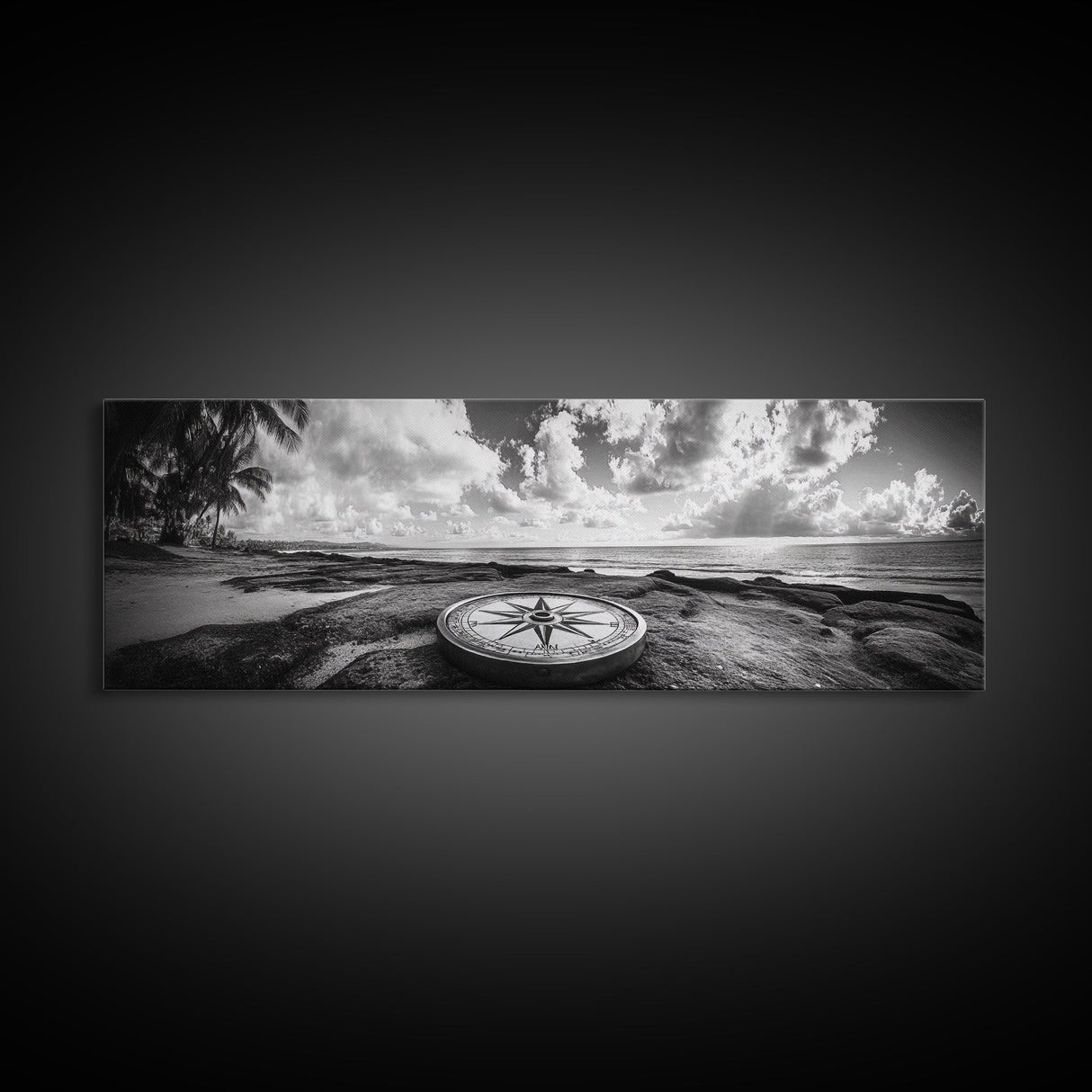 Compass Rose, Ocean Horizon, Palm Trees, Canvas Print, Nautical Beach Art, Boho Living Room Wall Art, Black and White Coastal Decor