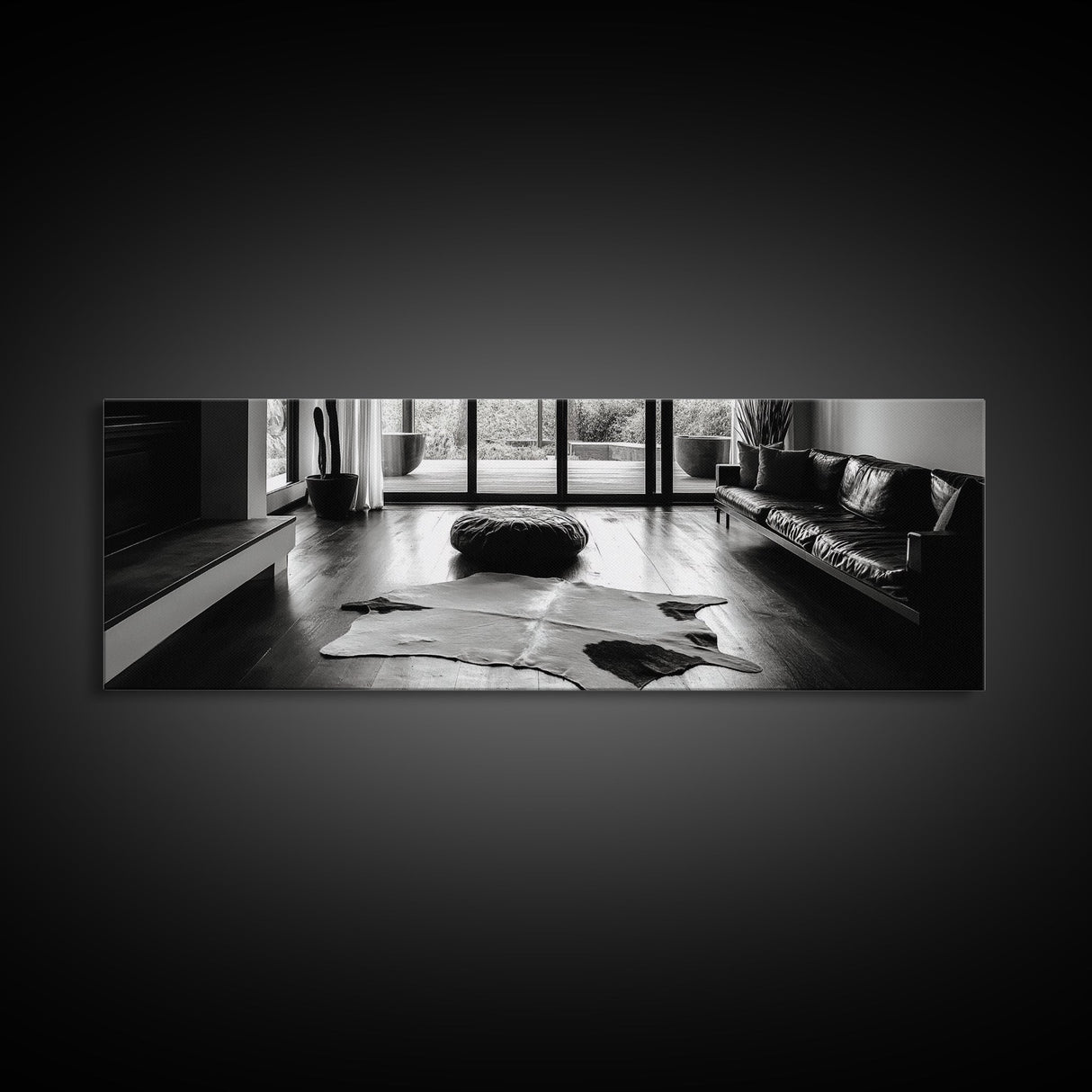 Modern Living, Minimalist Decor, Cowhide Rug, Framed Canvas Print, Neutral Aesthetic Wall Art, Luxury Living Room Design Accent