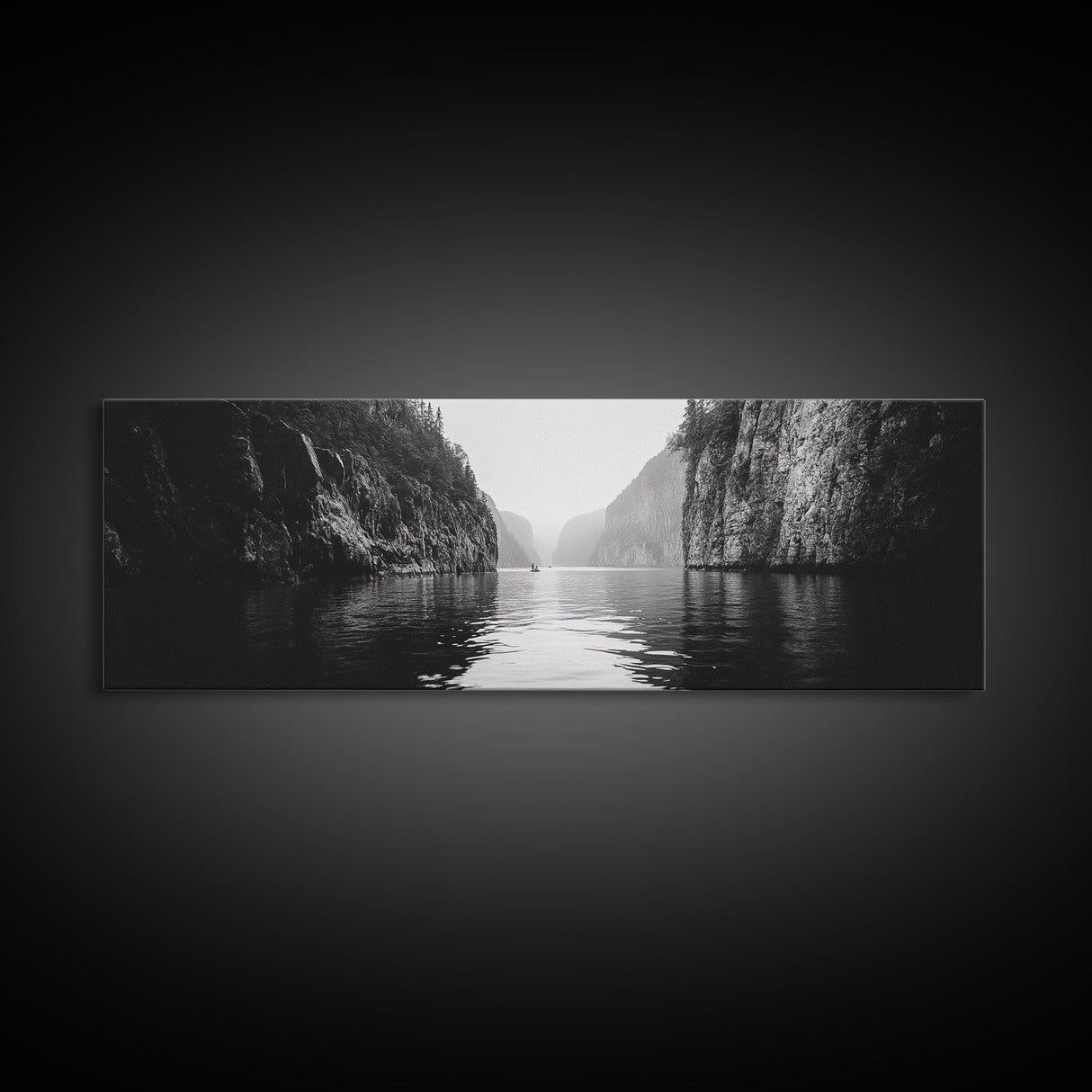 Misty Canyon, River Passage, Tranquil Adventure, Canvas Print, Nature Escape Wall Art, Zen Office Decor, Moody Black and White Style