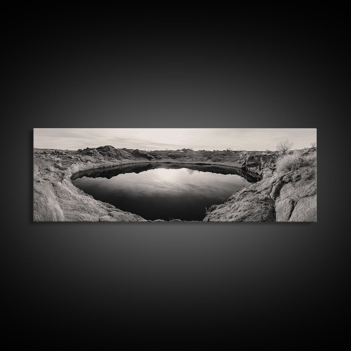 Desert Pool, Reflected Sky, Rugged Terrain, Monochrome Minimalism, Framed Canvas Print, Earthy Wall Art, Neutral Bedroom Decor