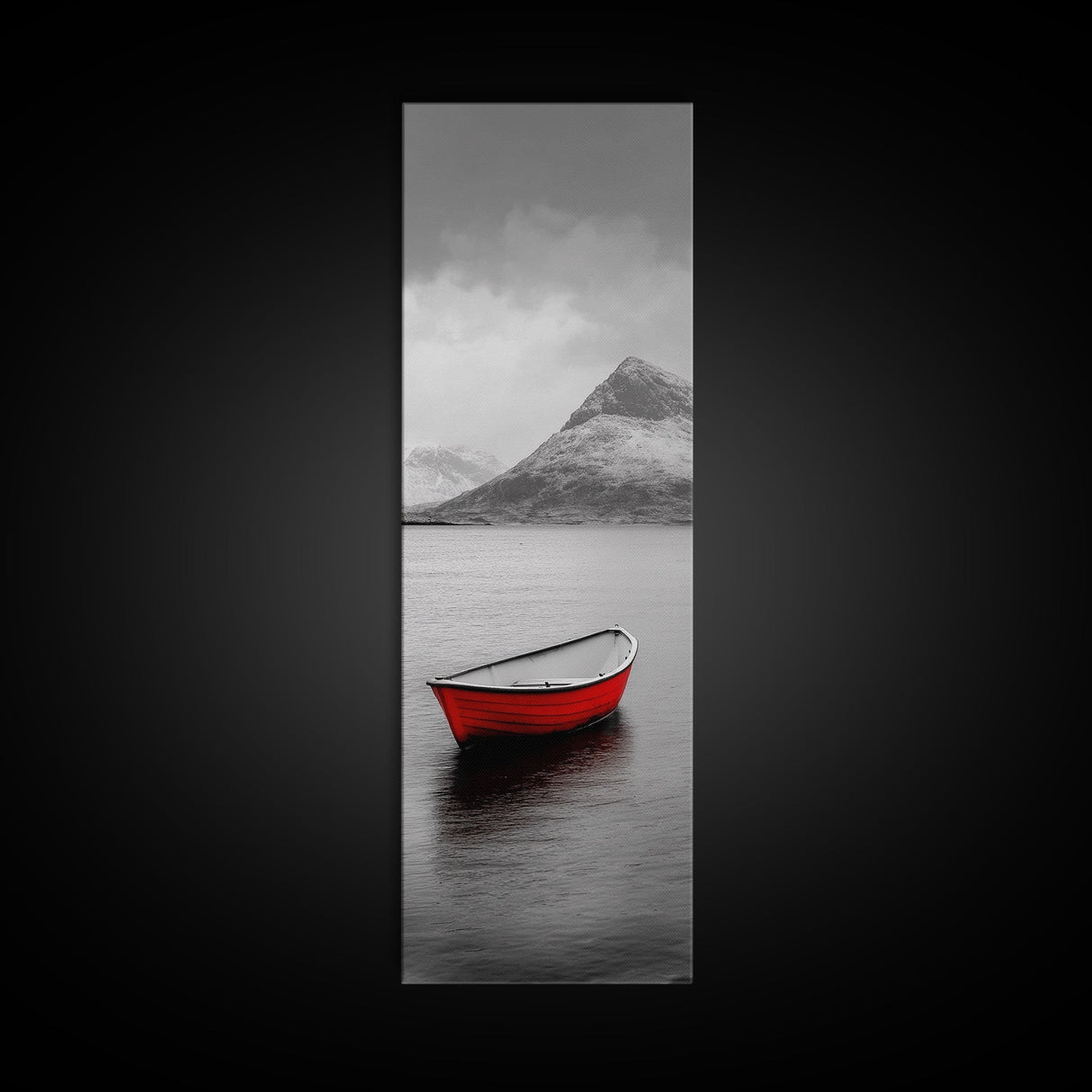 Red Boat, Serene Waters, Mountain Reflection, Winter Landscape – Framed Canvas Print, Minimalist Wall Art, Bedroom Decor, Nature Tranquility