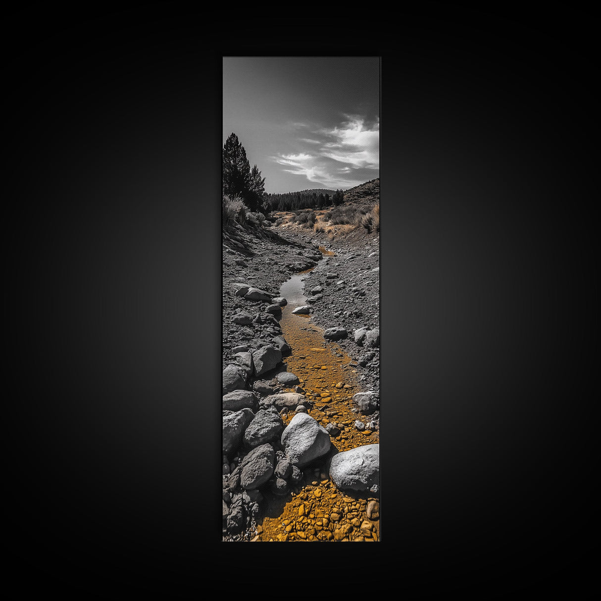 Golden Stream, Desert Serenity, Nature Path, Autumn Glow, Framed Canvas Print, Rustic Landscape Wall Art, Minimalist Earth Tones Decor