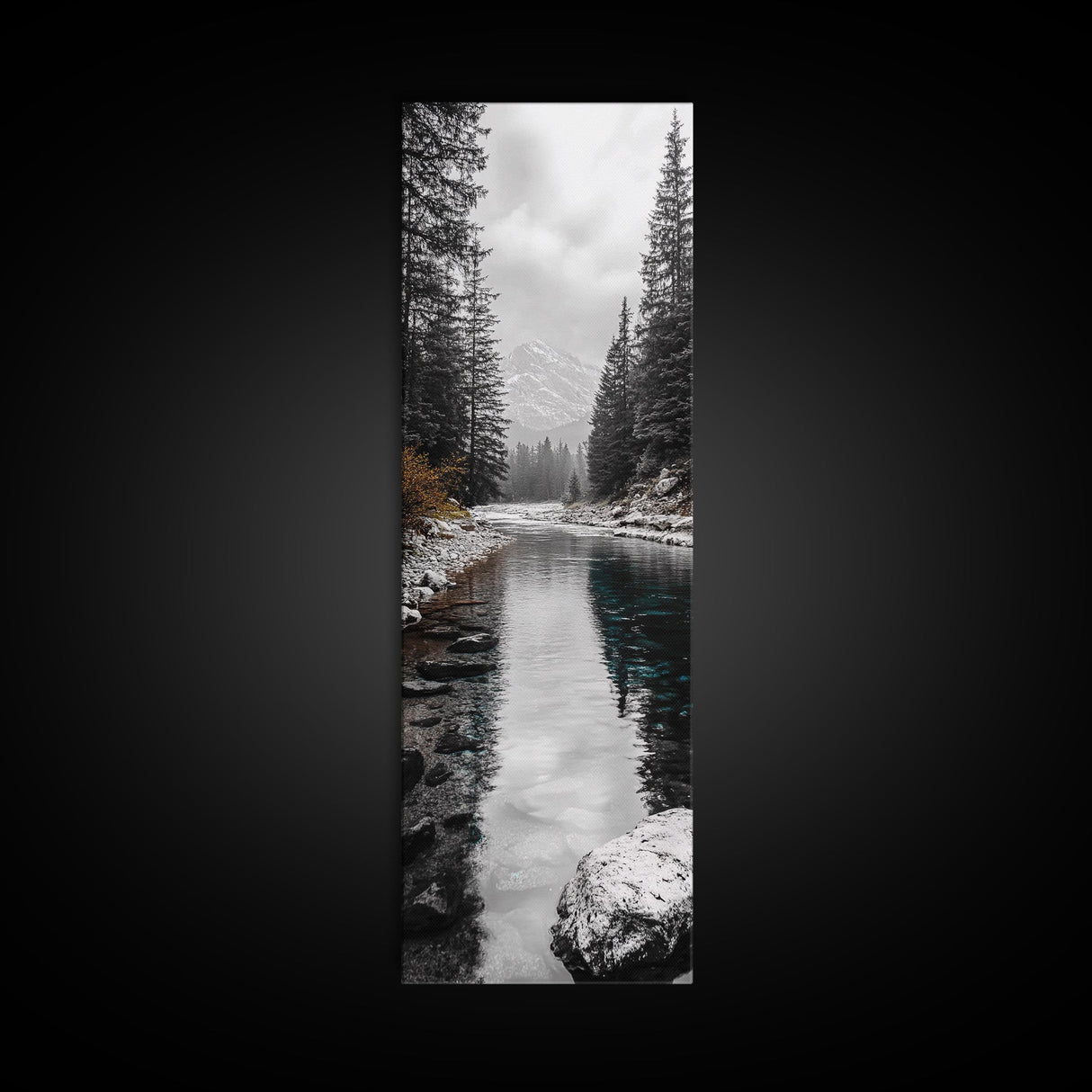 Mountain River, Forest Reflections, Nature Tranquility, Winter Pines, Canvas Print, Serene Landscape Wall Art, Bedroom Cabin Decor
