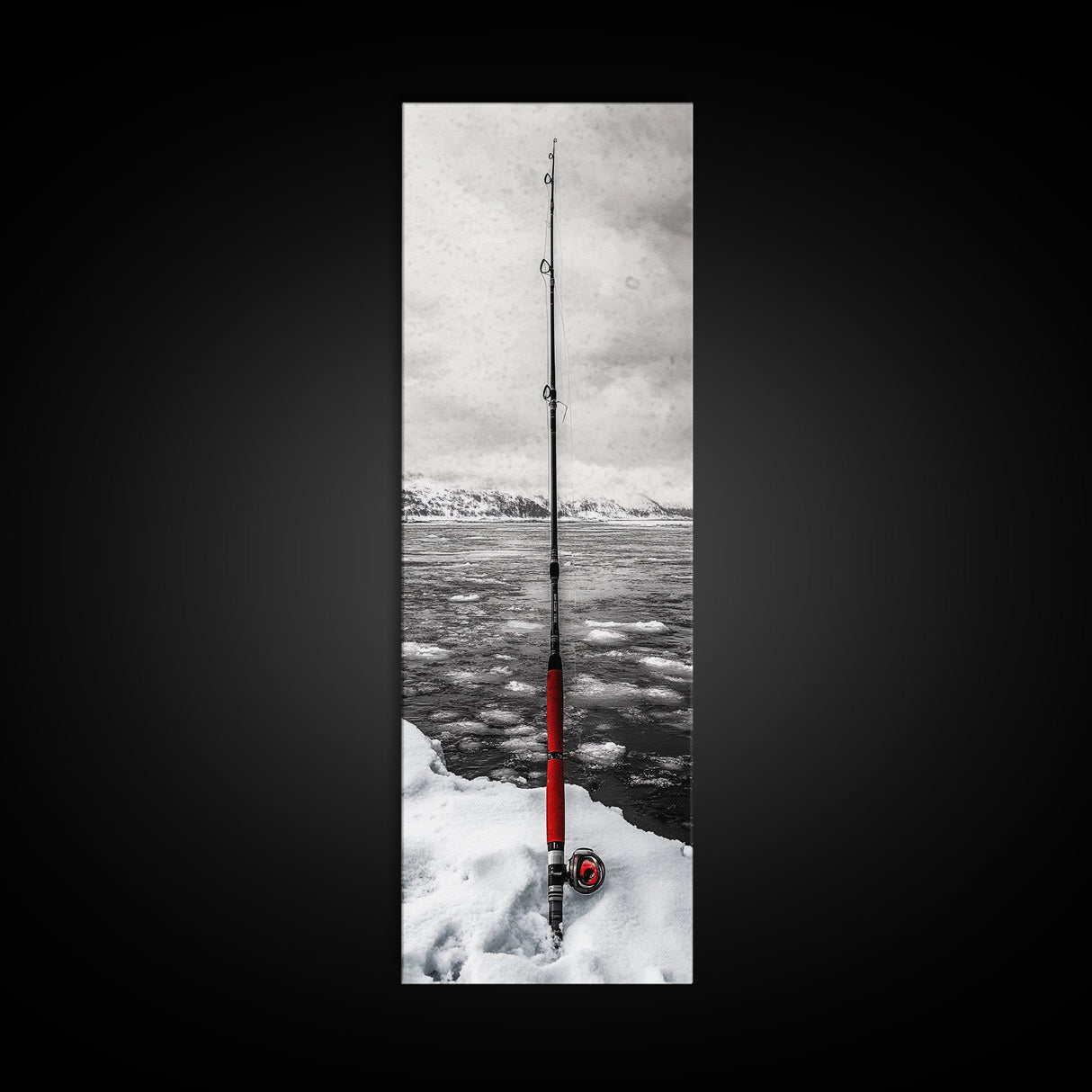 Ice Fishing Rod, Snow Adventure, Winter Sport, Framed Canvas Print, Man Cave Decor, Rustic Cabin Wall Art, Outdoor Lifestyle Photography