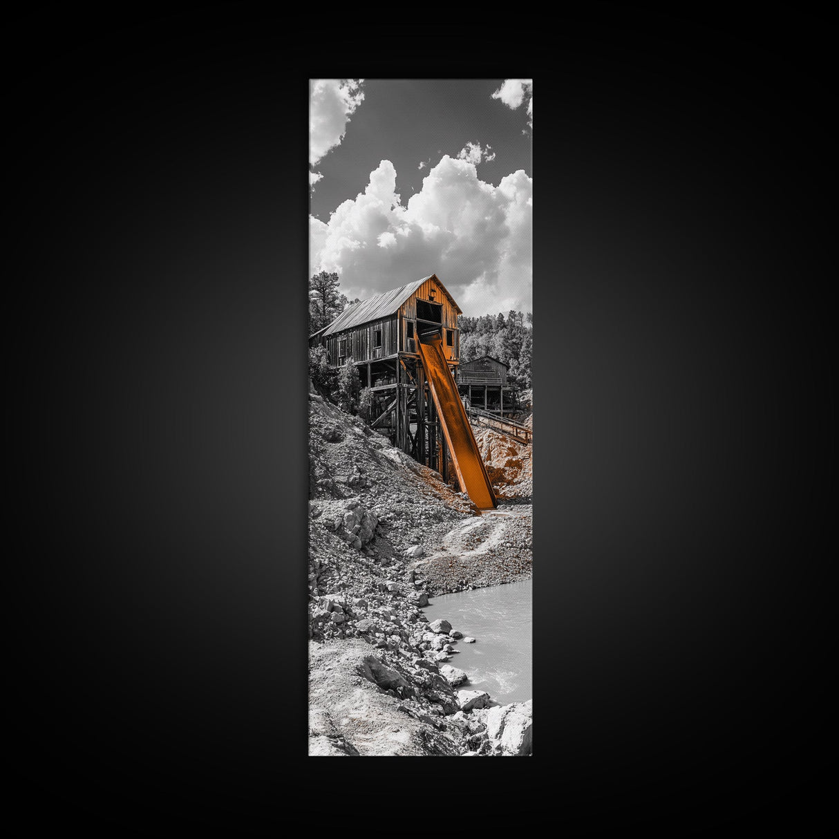 Mining Building, Rustic Industrial, Orange Slide, Historic Wall Art, Canvas Print, Western Decor, Man Cave Fall Style Artwork