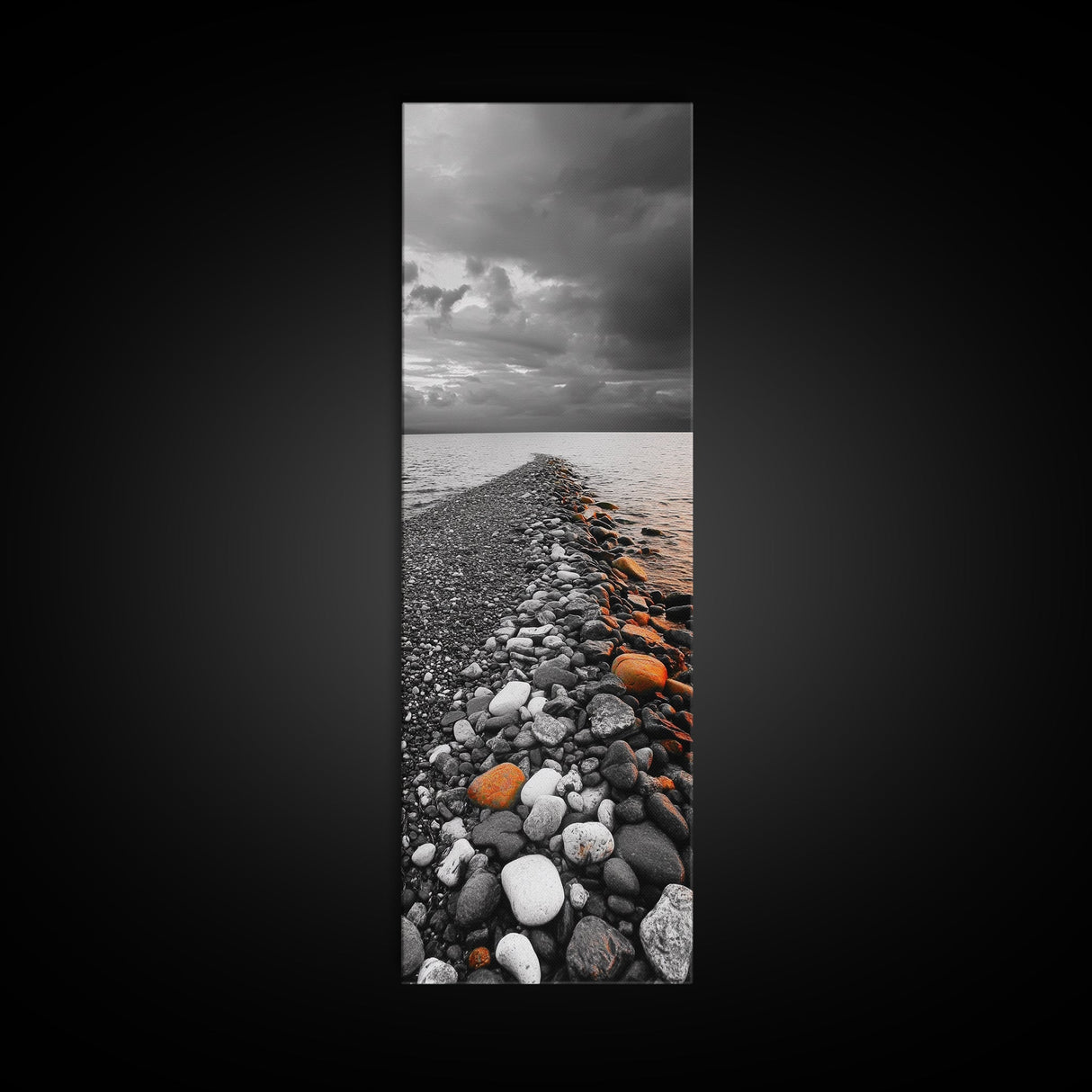 Rocky Shoreline, Sunset Glow, Ocean Path, Coastal Landscape, Canvas Print, Tranquil Nature Art, Bathroom Wall Decor Coastal Style