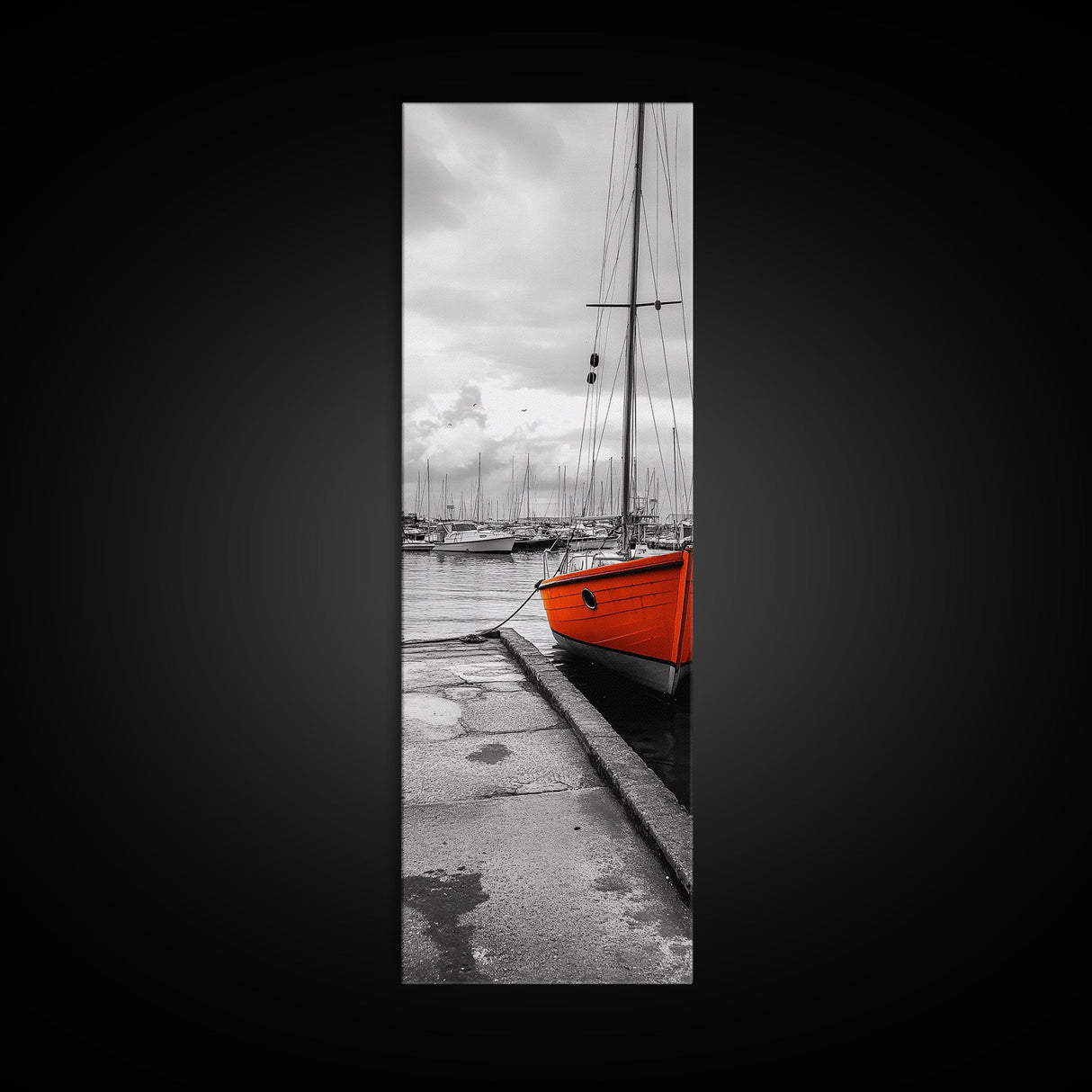 Vibrant Boat, Dockside Scene, Nautical Decor, Color Accent, Framed Canvas Print, Black and White Photography, Coastal Wall Art, Bathroom Art