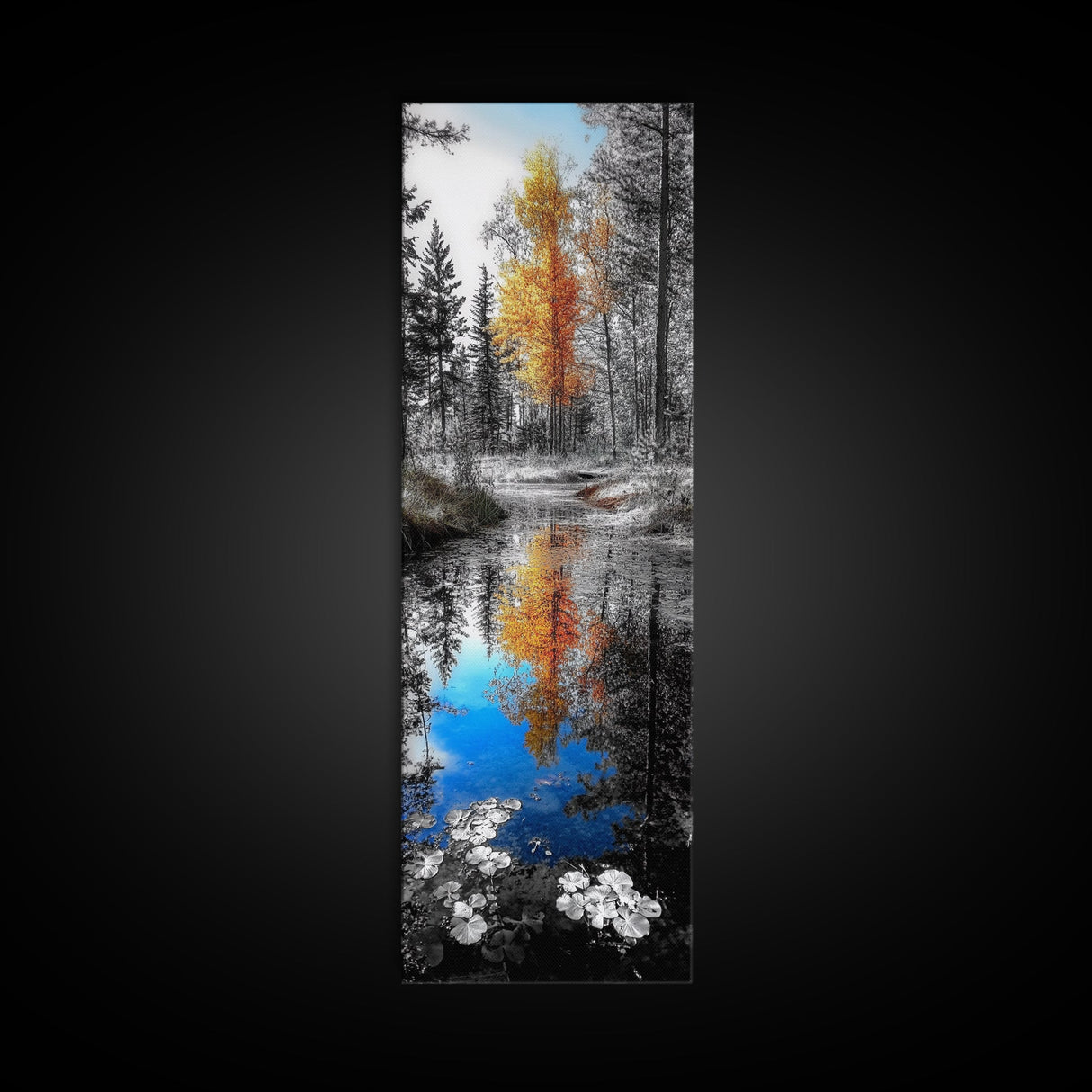 Golden Tree, Blue Reflection, Autumn Forest Mirror, Seasonal Beauty, Canvas Print, Fall Wall Art, Nature Decor, Living Room Accent