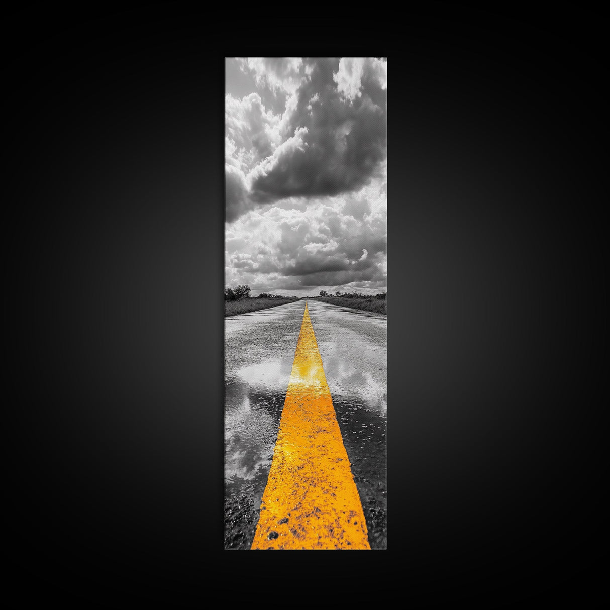 Yellow Road Line, Moody Highway, Stormy Skies, Monochrome Vibes, Framed Canvas Print, Modern Office Art, Minimalist Photography Decor