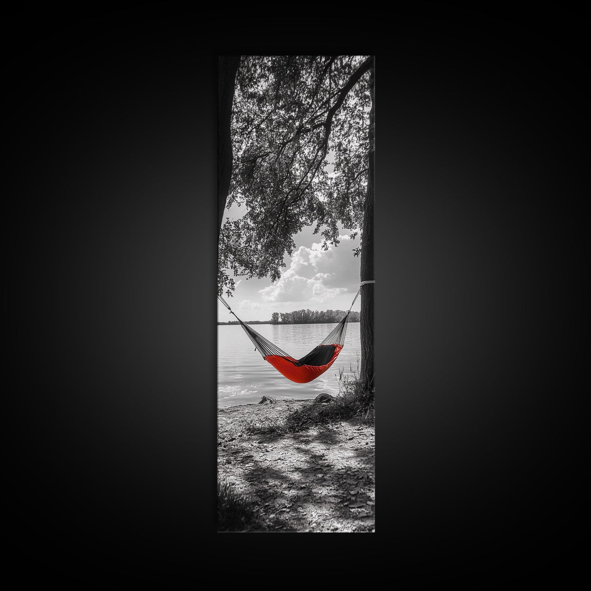Red Hammock Escape, Nature Lake Art, Serene Moment, Outdoor Vibes, Framed Canvas Print Rustic Bedroom Wall Art, Minimalist Landscape