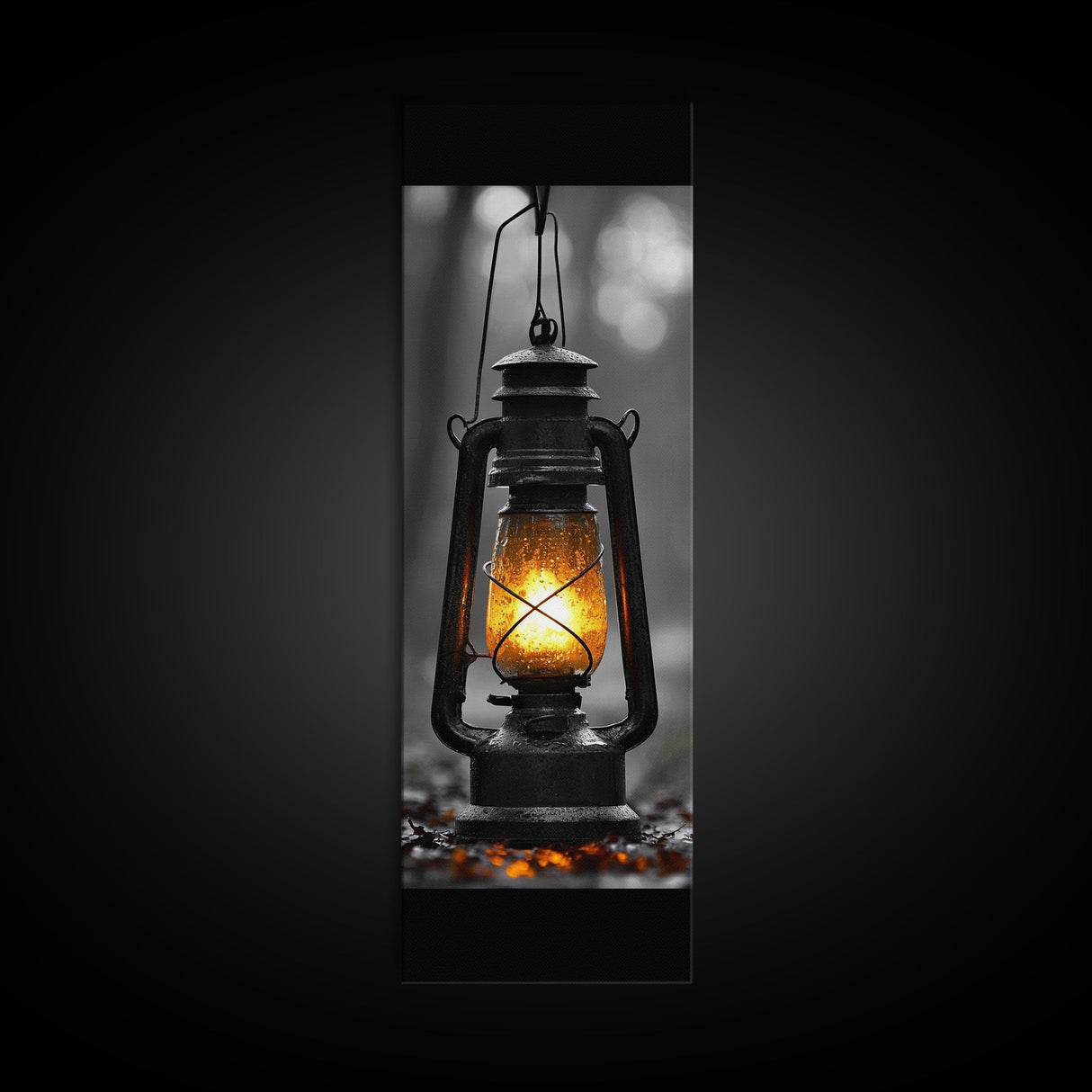 Vintage Lantern Glow, Moody Forest Scene, Rainy Night Light, Framed Canvas Print Rustic Entryway Wall Art, Autumn Warmth Art Style