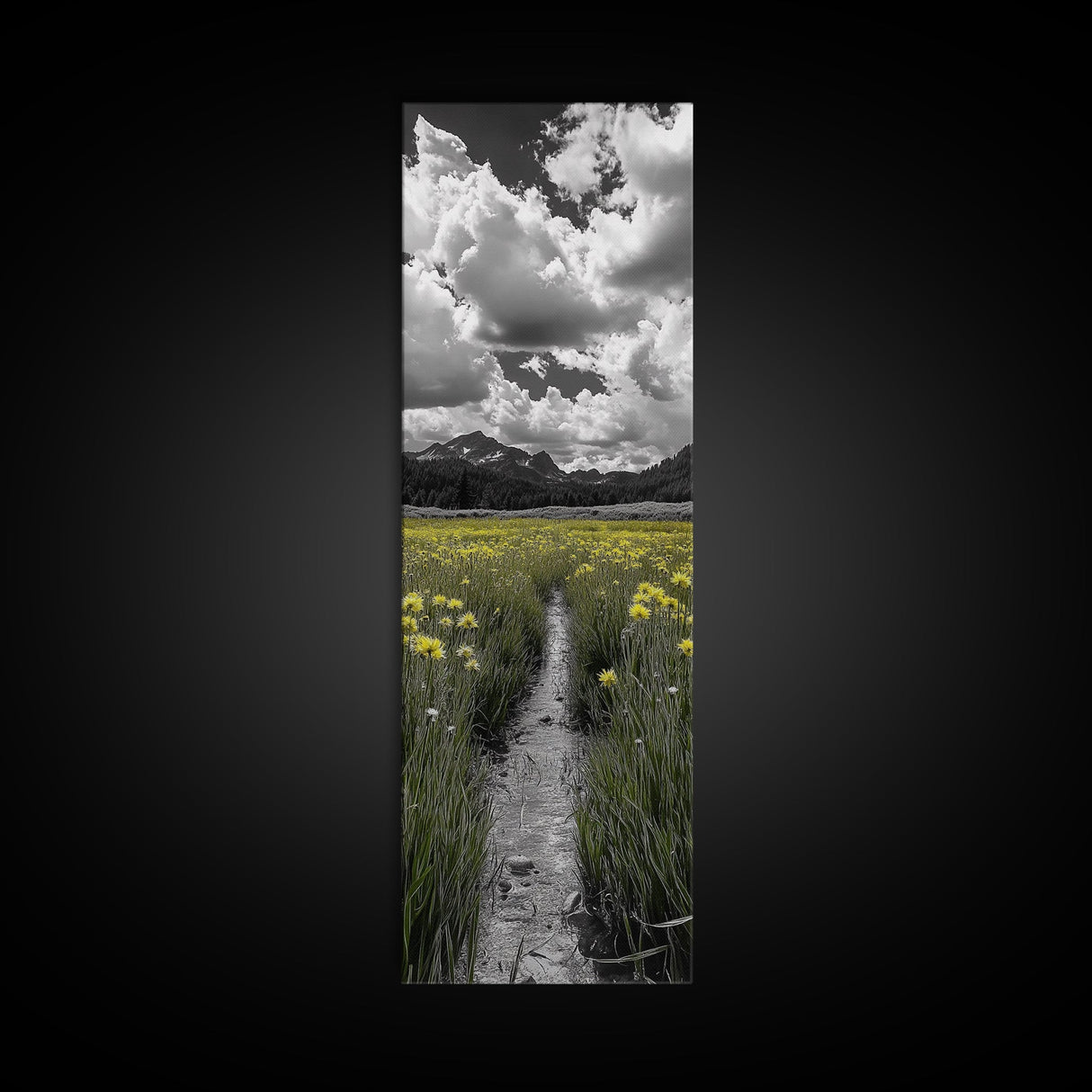 Yellow Field, Mountain Trail, Alpine Meadow, Bright Sky Framed Canvas Print, nature lover gift, landscape wall decor, cabin wall art