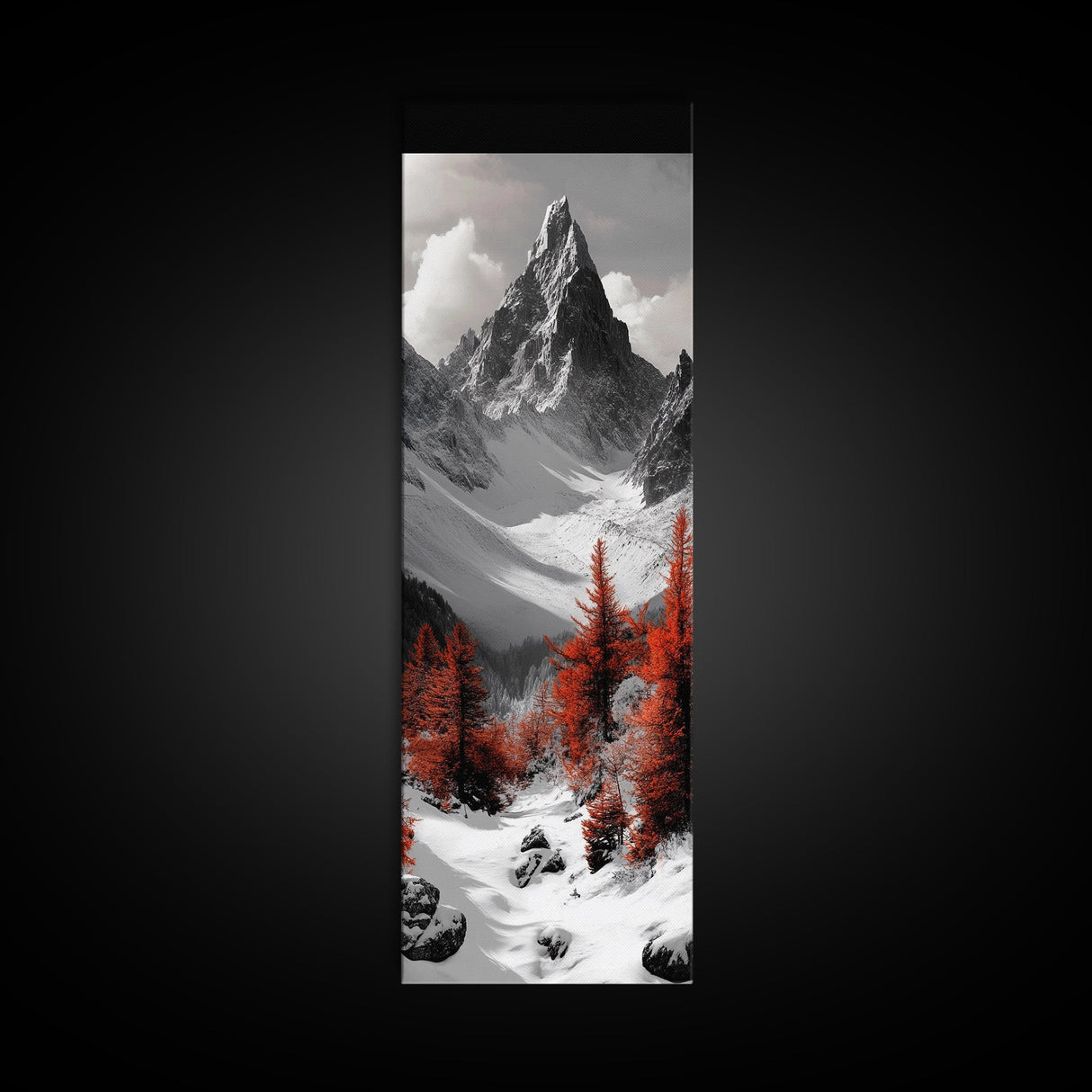 Red Trees, Snowy Mountain, Dramatic Landscape, Framed Canvas Print, Winter Wonderland Art, Office Wall Decor, Moody Nature Scene Print