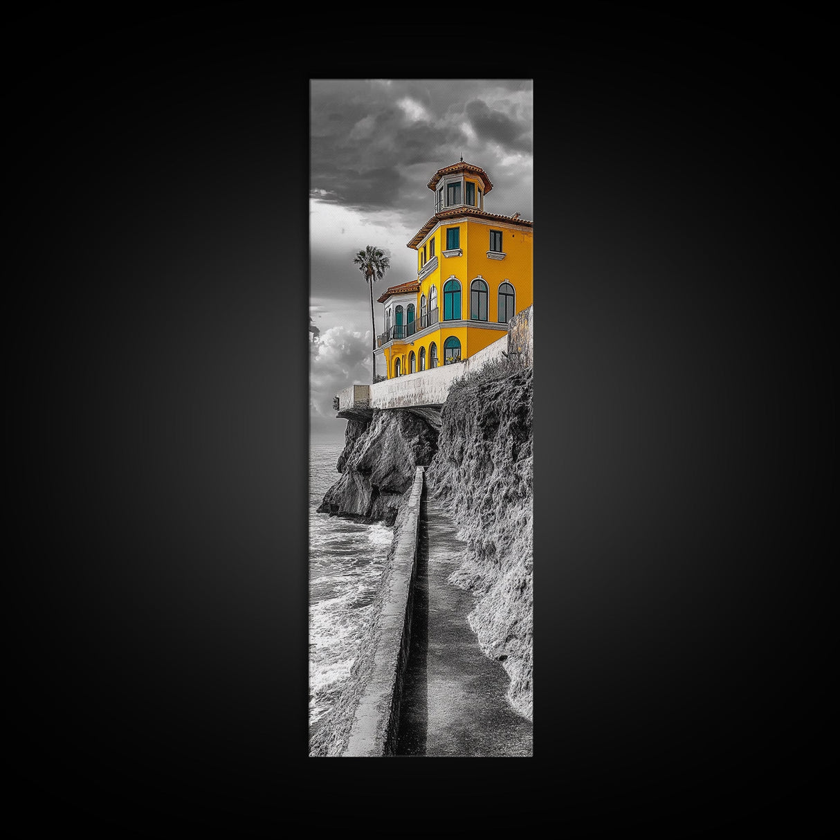 Yellow Villa, Coastal House, Mediterranean Escape, Bold Architecture, Canvas Print, Kitchen Wall Art, Modern Coastal Decor, Travel Photography