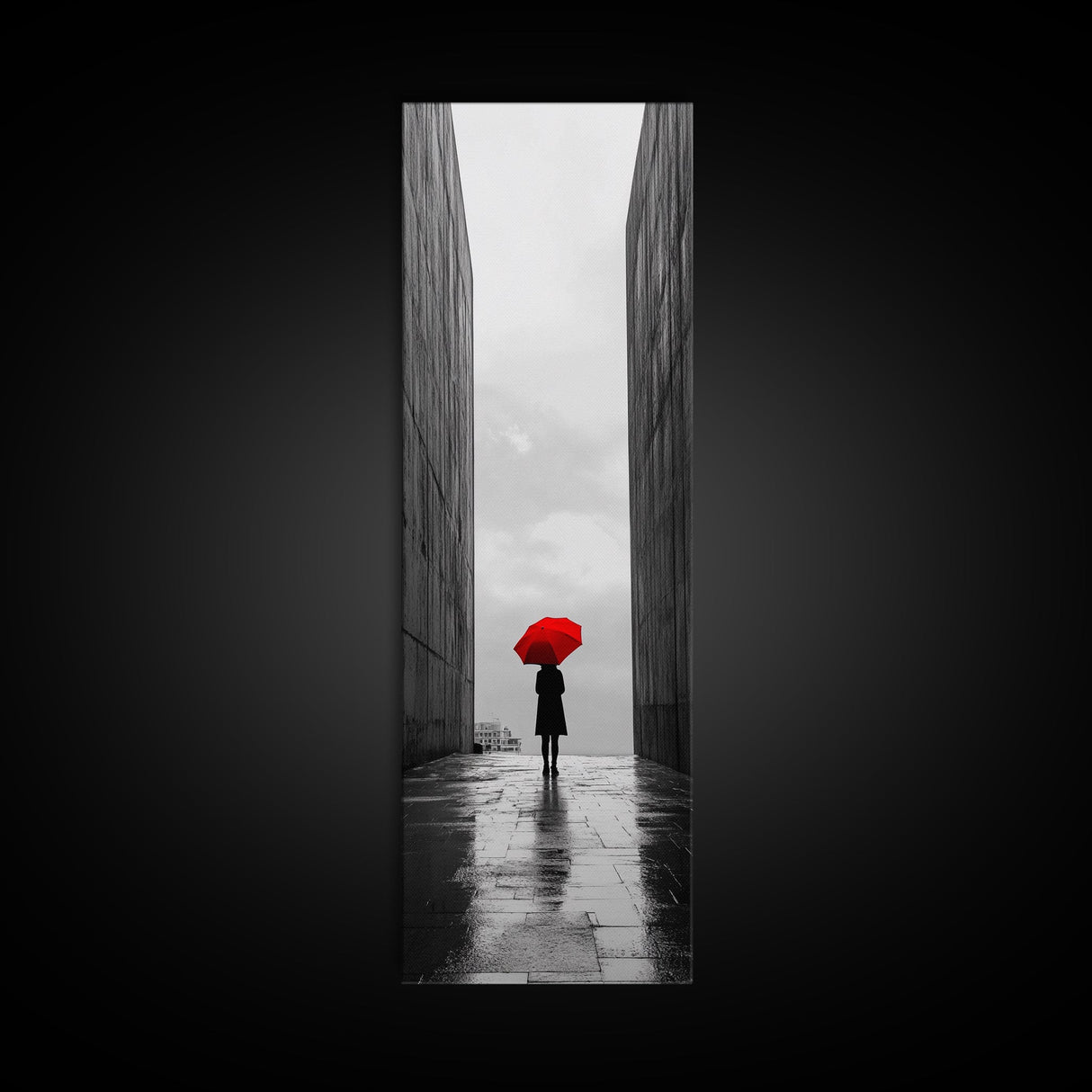 Red Umbrella, Rainy Day, Urban Silhouette, Framed Canvas Print, Minimalist Wall Art, Modern Entryway Decor, Monochrome Mood