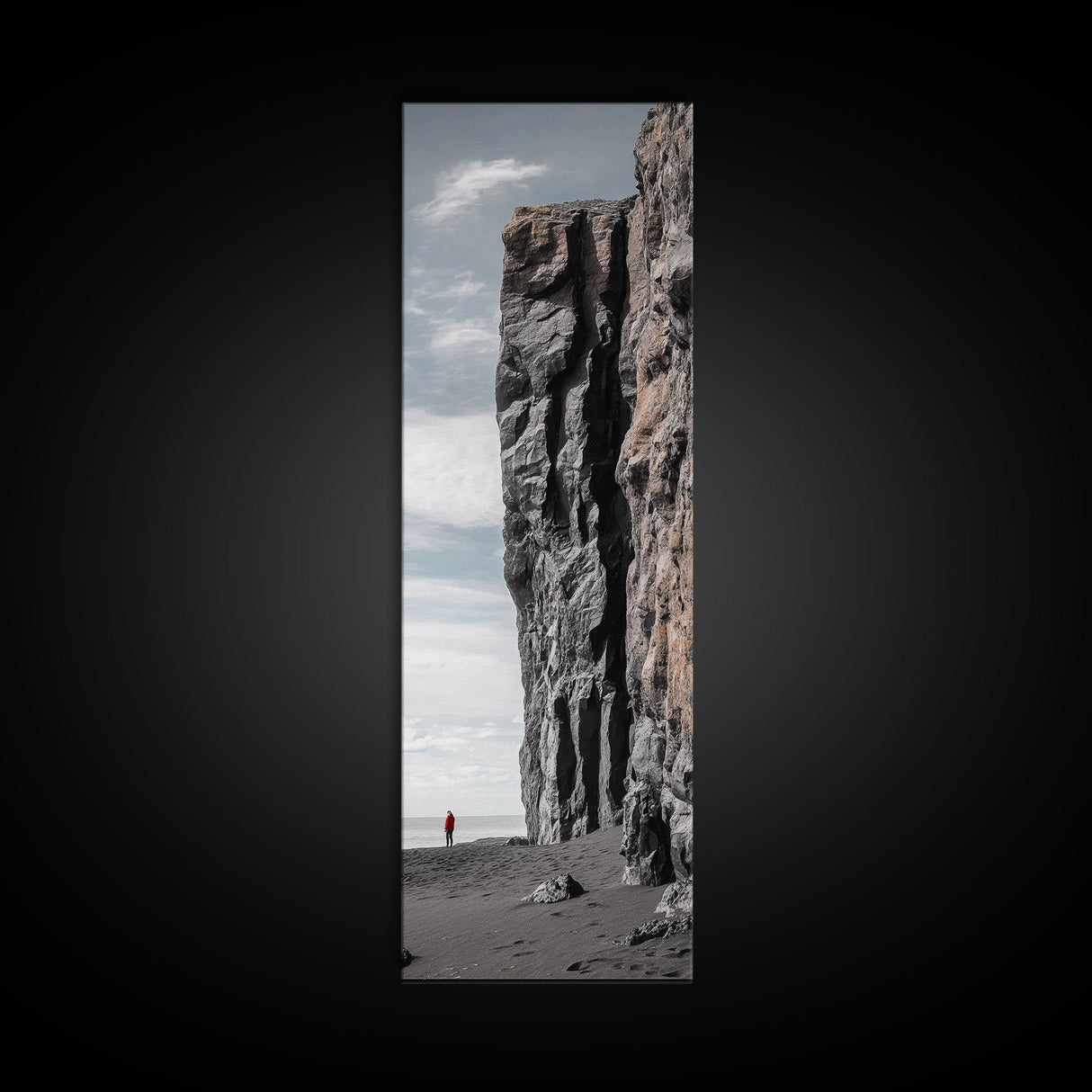 Cliff Wall, Ocean View, Lone Hiker, Rugged Coast, Framed Canvas Print, Adventure Art, Minimalist Decor, Office Wall Art, Modern Nature