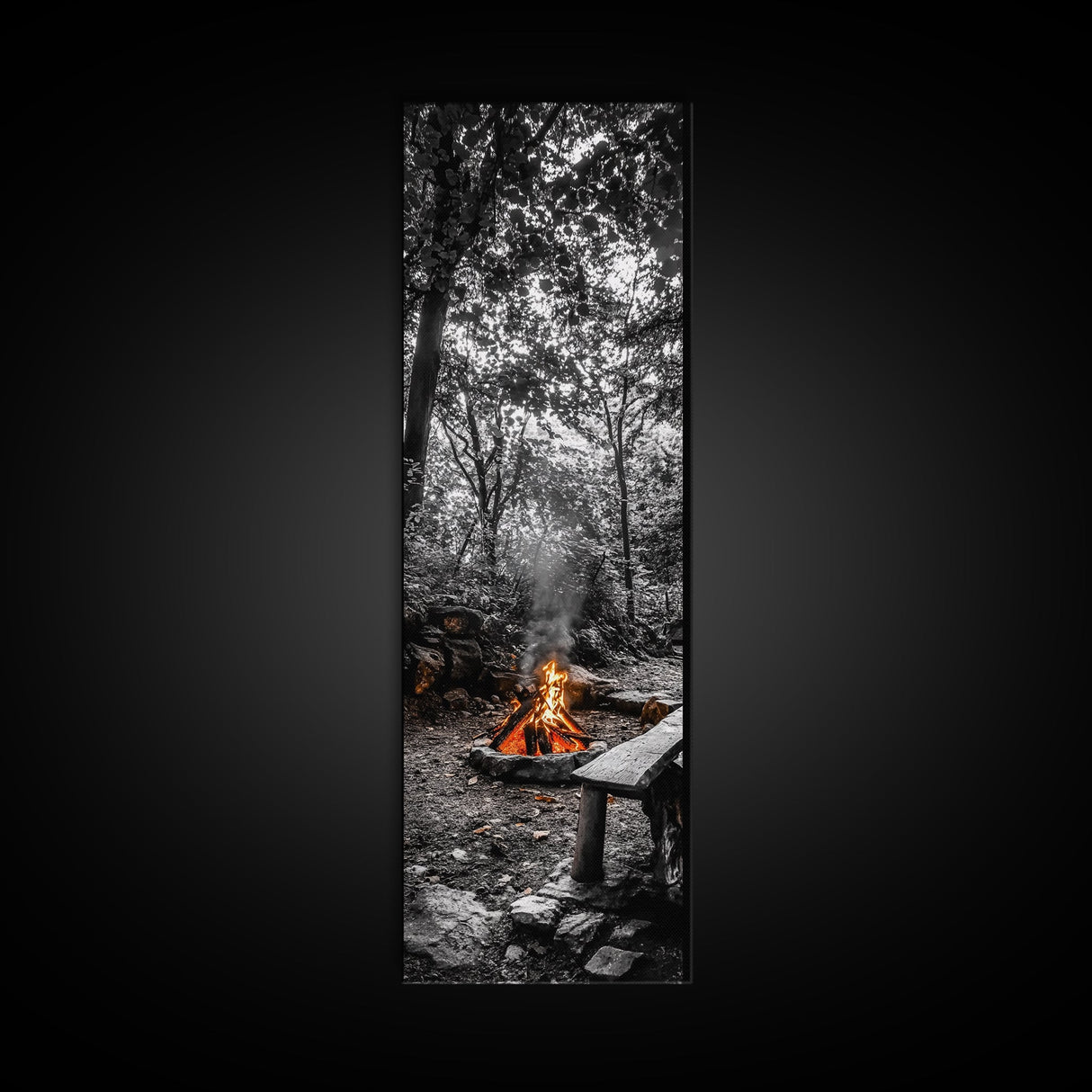 Forest Firepit, Glowing Flames, Wilderness Night, Framed Canvas Print, Camping Wall Art, Rustic Fall Decor, Cabin Living Style