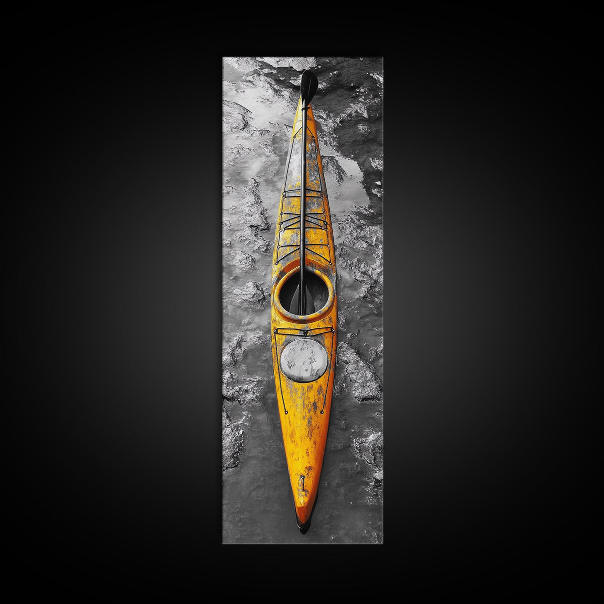 Yellow Kayak, Muddied Shoreline, Solo Adventure, Framed Canvas Print, Rustic Outdoors Decor, Autumn Wall Art, Boho Kayaking Style