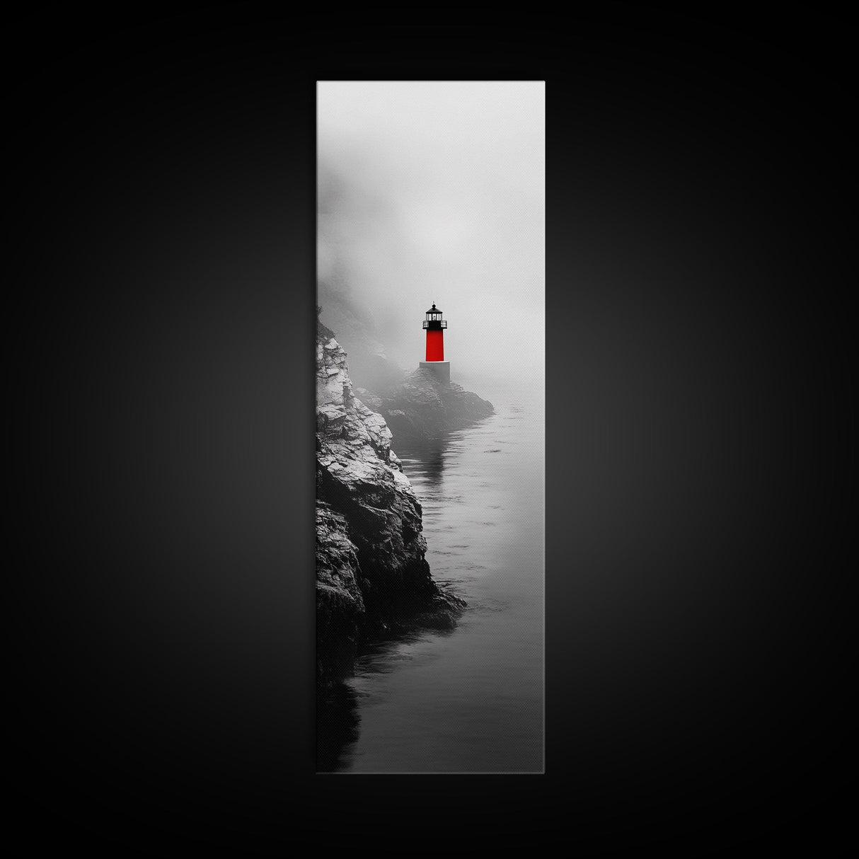 Misty Lighthouse View, Red Beacon Decor, Coastal Minimalist Art, Framed Canvas Print, Modern Seascape Living Room Wall Decor