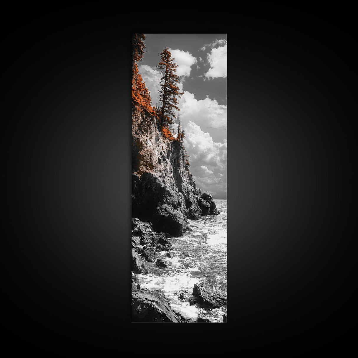 Autumn Cliff Scene, Bold Trees Coastal Wall Art, Fall Foliage Home Style, Framed Canvas Print, Seasonal Nature Living Room Decor