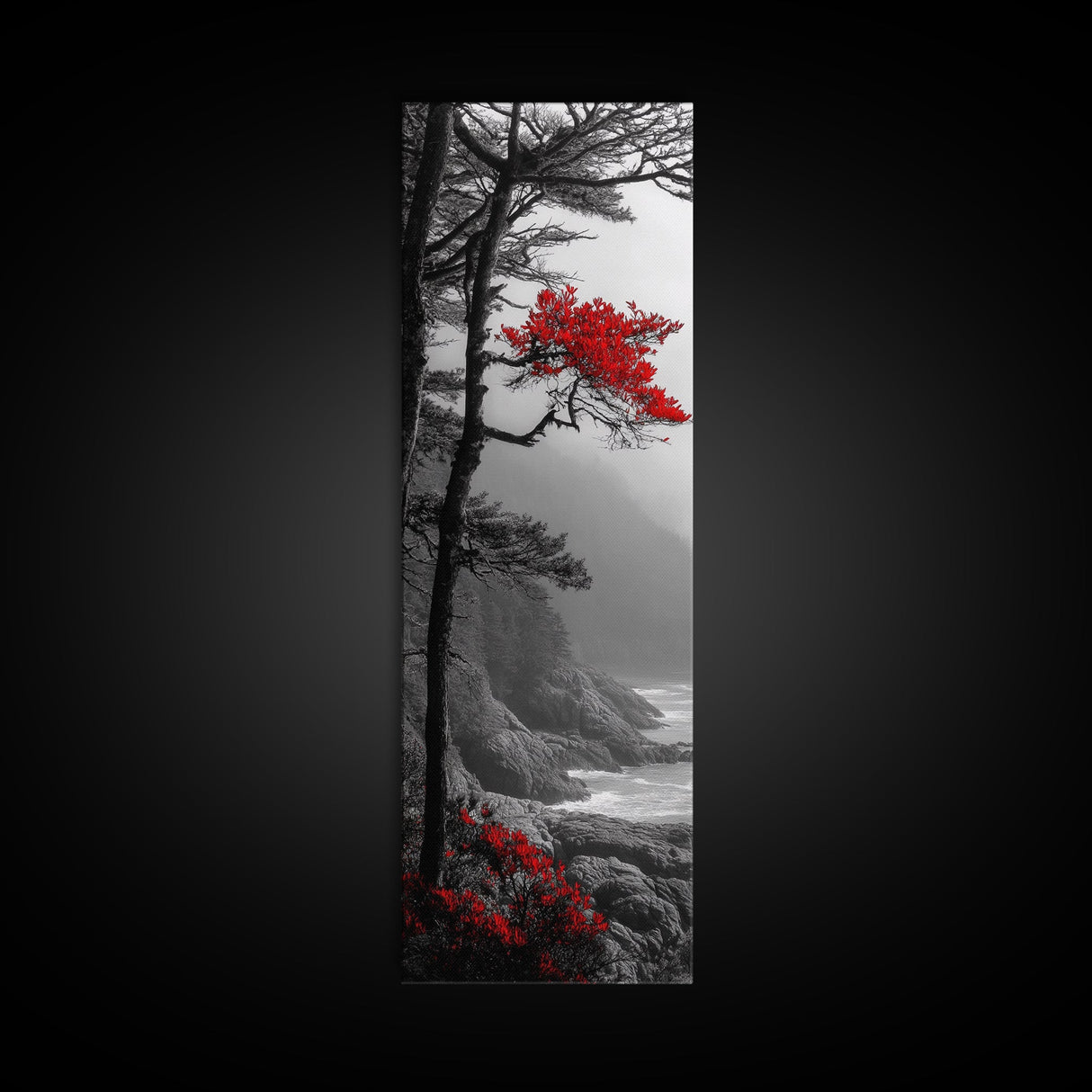 Red Tree, Misty Coast, Autumn Serenity, Coastal Nature Wall Art, Framed Canvas Print, Moody Landscape, Fall Living Room Decor, Minimalist Art