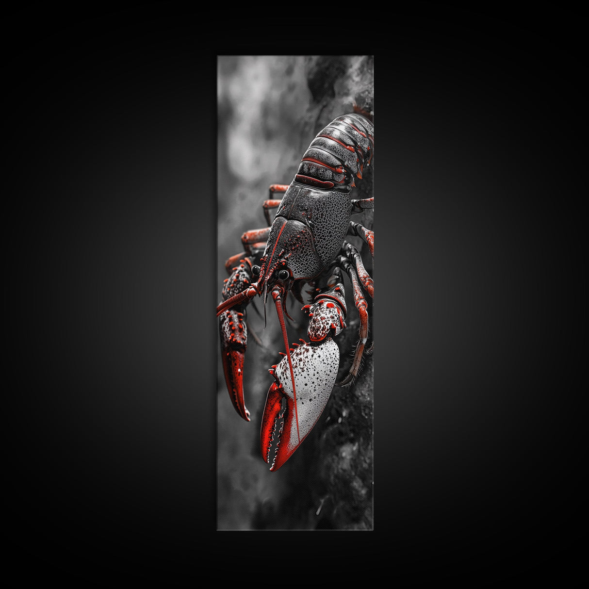Red Lobster, Detailed Sea Art, Macro Crustacean, Dark Marine Art, Striking Coastal Piece, Framed Canvas Print, Moody Office Wall Decor