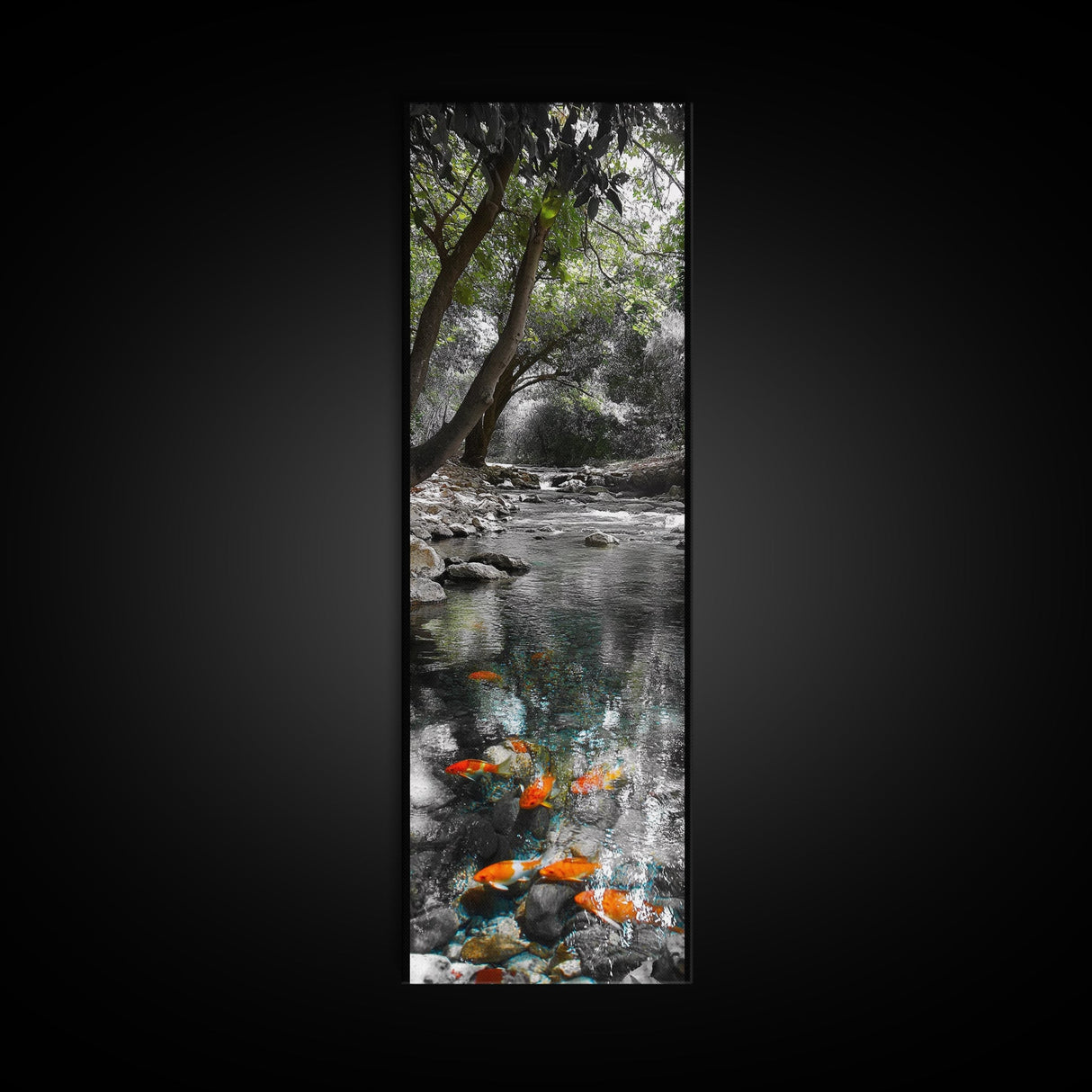Koi Pond, Peaceful Water, Zen Garden Vibes, Orange Fish, Reflective Nature, Framed Canvas Print, Serene Bedroom Wall Art, Living Room Art