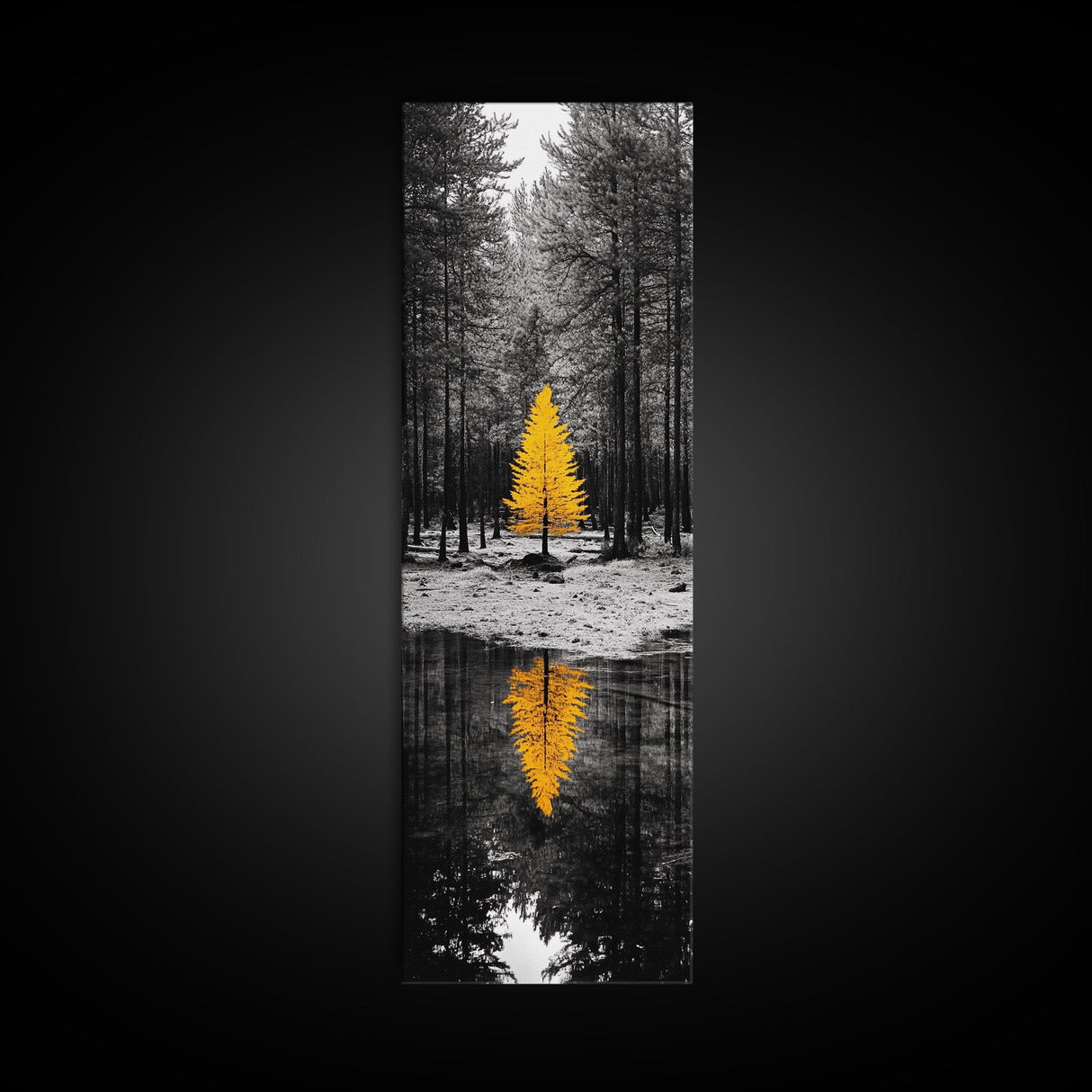 Golden Tree, Forest Reflection, Autumn Solitude, Nature Focused Minimalism, Framed Canvas Print, Zen Bathroom or Office Wall Art