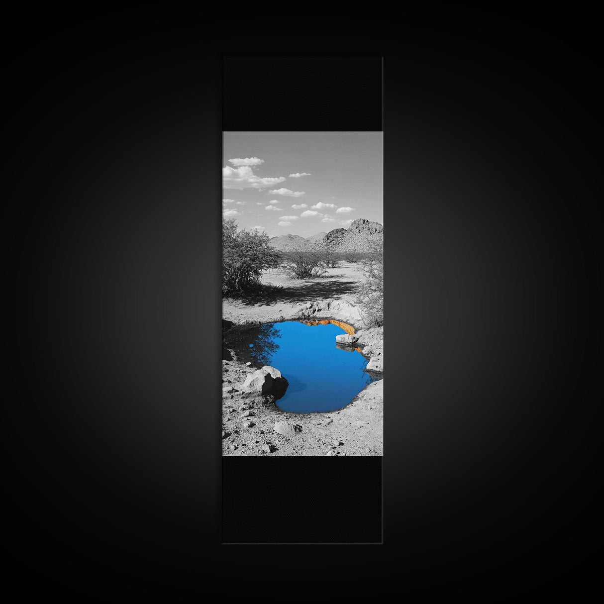 Blue Oasis, Desert Pool, Tranquil Reflection, Minimalist Landscape, Framed Canvas Print, Serene Entryway Wall Art, Calm Southwestern Decor