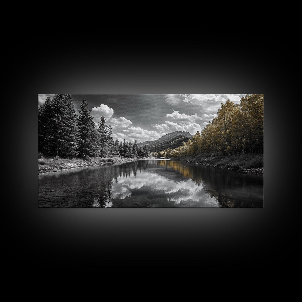 Lake, Mountains, Trees, Reflective mountain lake landscape in this Framed Canvas Print, peaceful Nature Lover Living Room Wall Art