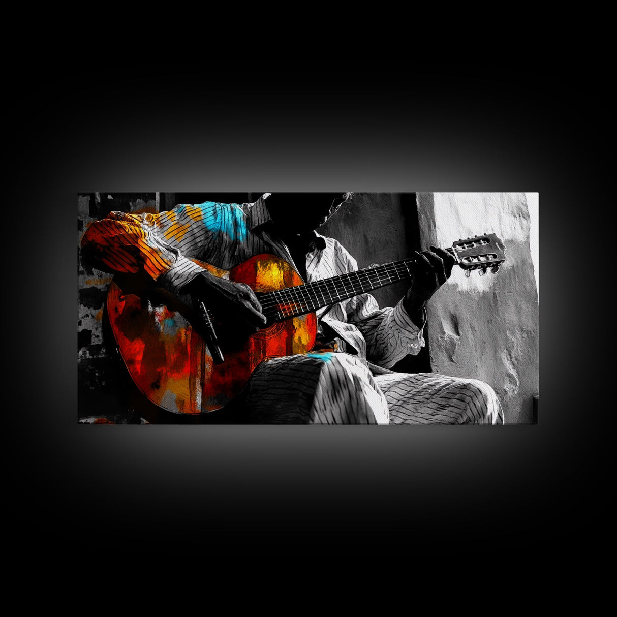 Guitarist, Music, Expression, Moody musical moment captured in this Framed Canvas Print, Boho Music Room Art, Artistic Studio Wall Art