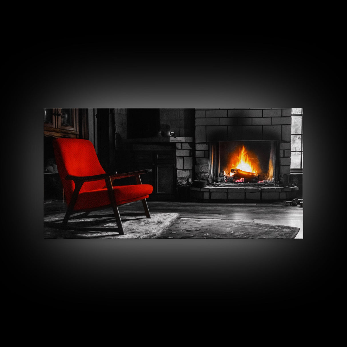 Fireplace, Red Chair, Cozy firelight and bold red accent chair on this Framed Canvas Print, Cozy Fall Living Room Art, Cabin Decor Accent