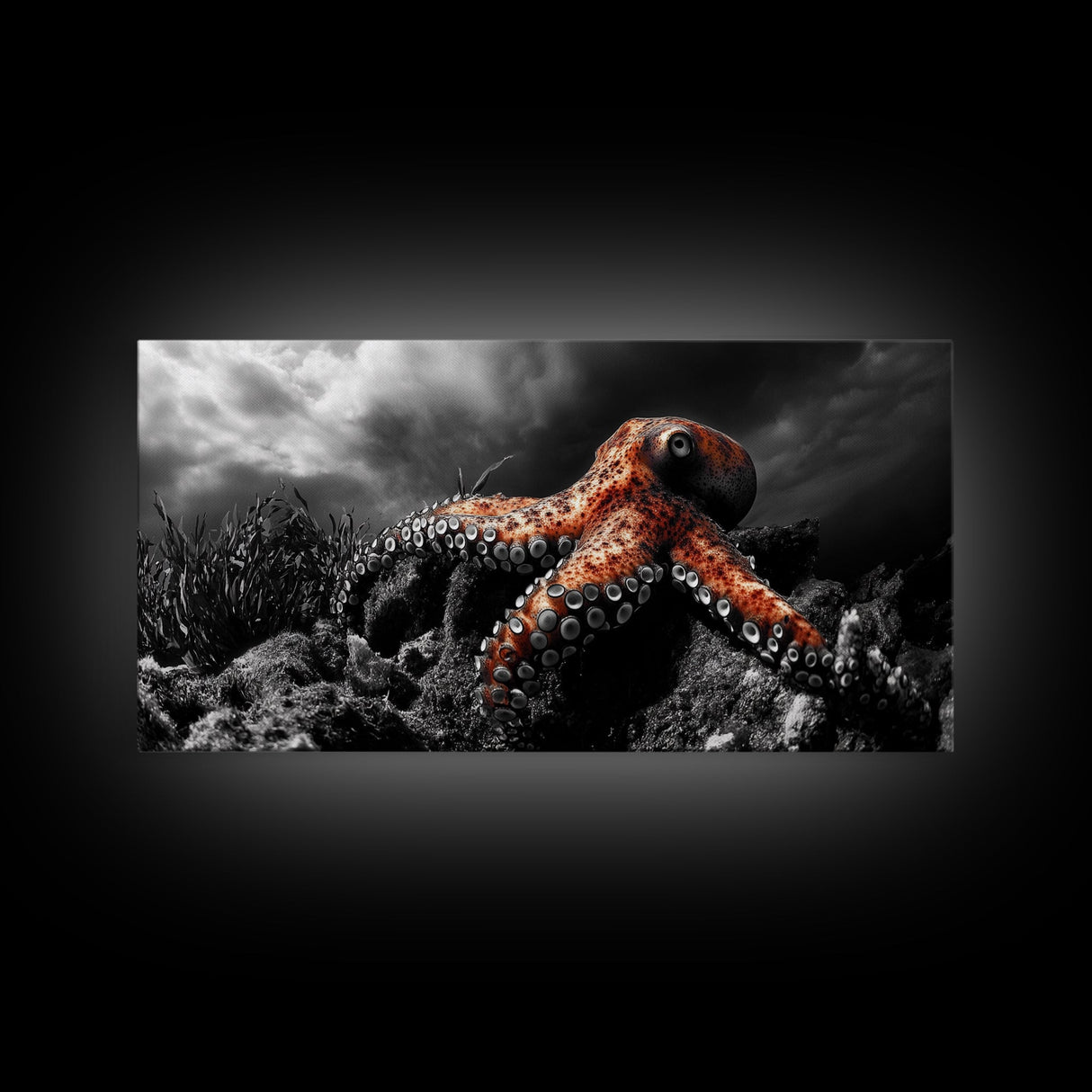Octopus Ocean, Sea Creature Art, Deep Sea Wall Art, Marine Decor, Framed Canvas Print, Bathroom Wall Art, Moody Nautical, Coastal Vibes