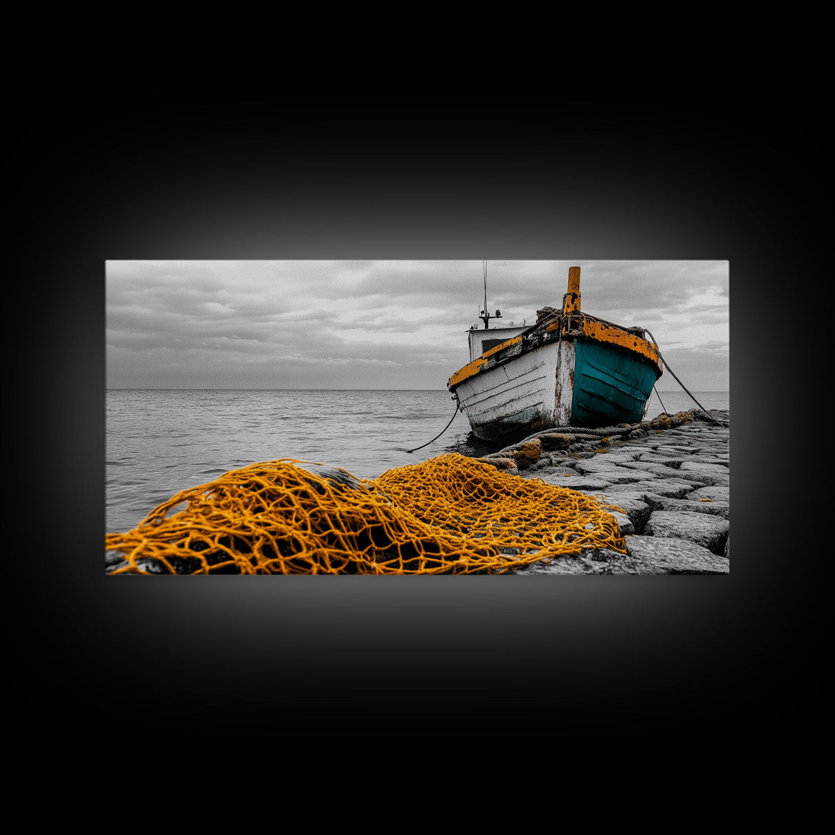 Fishing Boat, Coastal Life, Yellow Net, Framed Canvas Print, Nautical Decor, Beach House Wall Art, Seaside Photography, Ocean Lover Gift