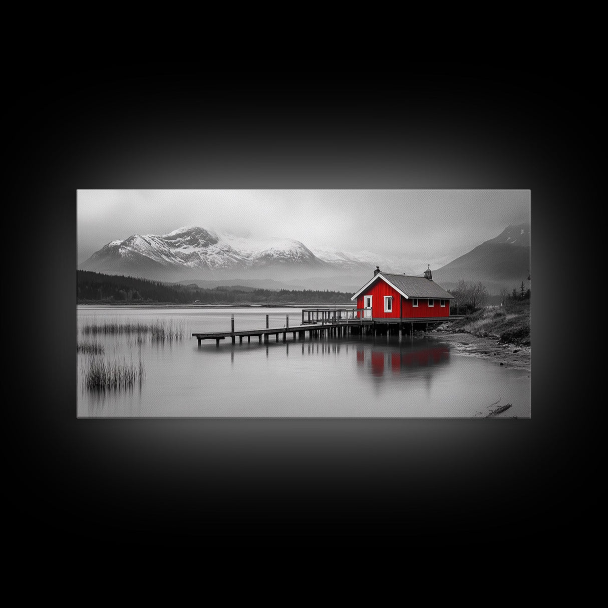 Red Cabin, Lake House, Mountain Reflection, Framed Canvas Print, Nordic Art, Winter Landscape, Bedroom Wall Art, Modern Minimalist Decor