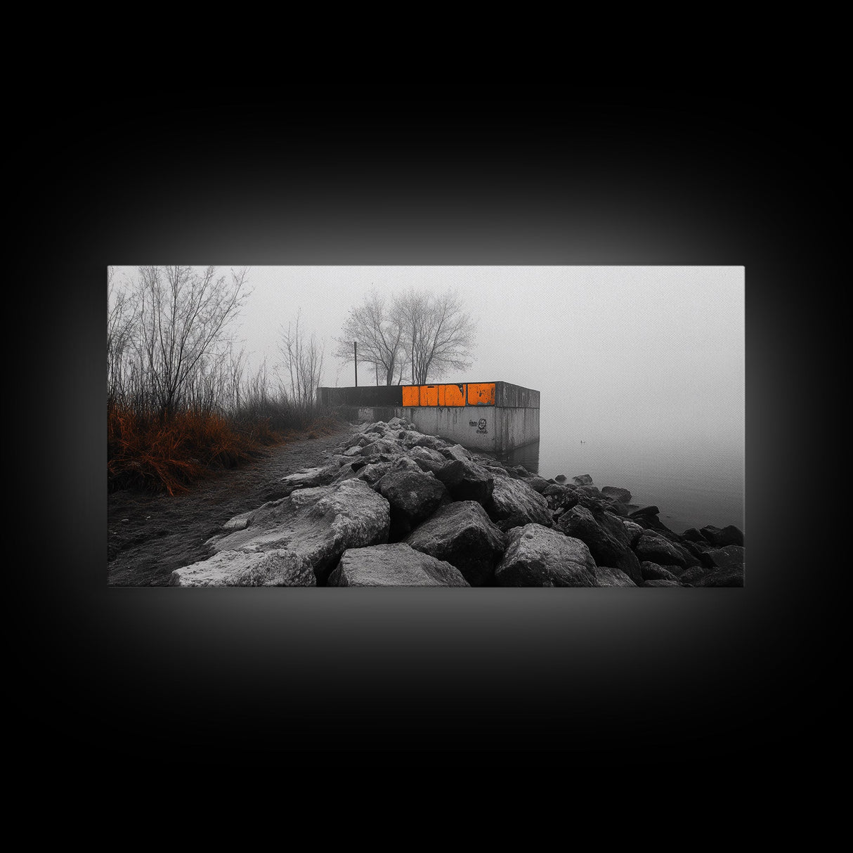 Fog Wall, Concrete Graffiti, Misty Lake Path, Framed Canvas Print, Urban Nature Blend, Moody Art, Hallway Decor, Modern Grayscale Style